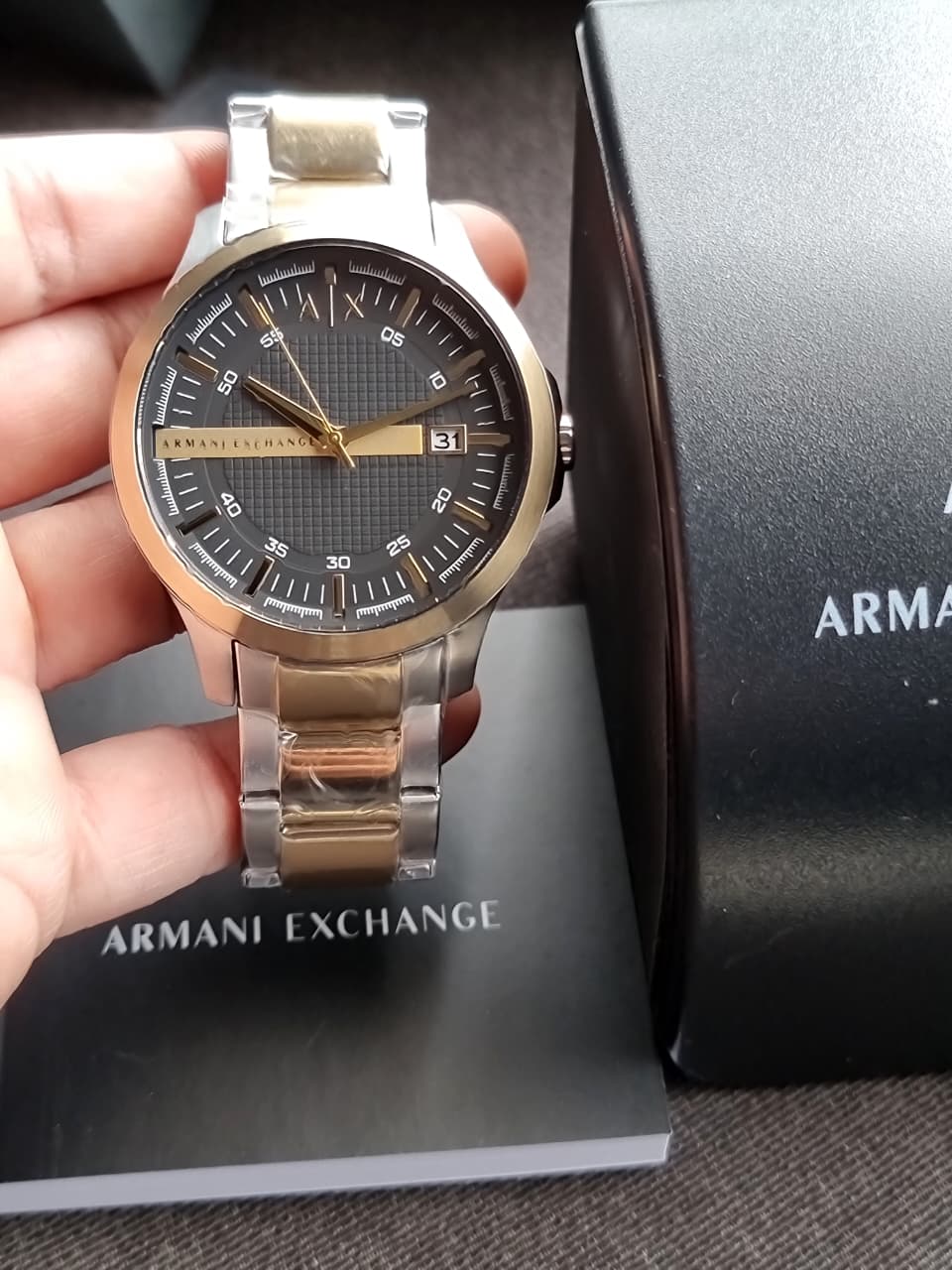 A｜X Armani Exchange Men's Three-Hand Date Silver and Gold Two-Tone Stainless Steel Bracelet Watch AX2453
