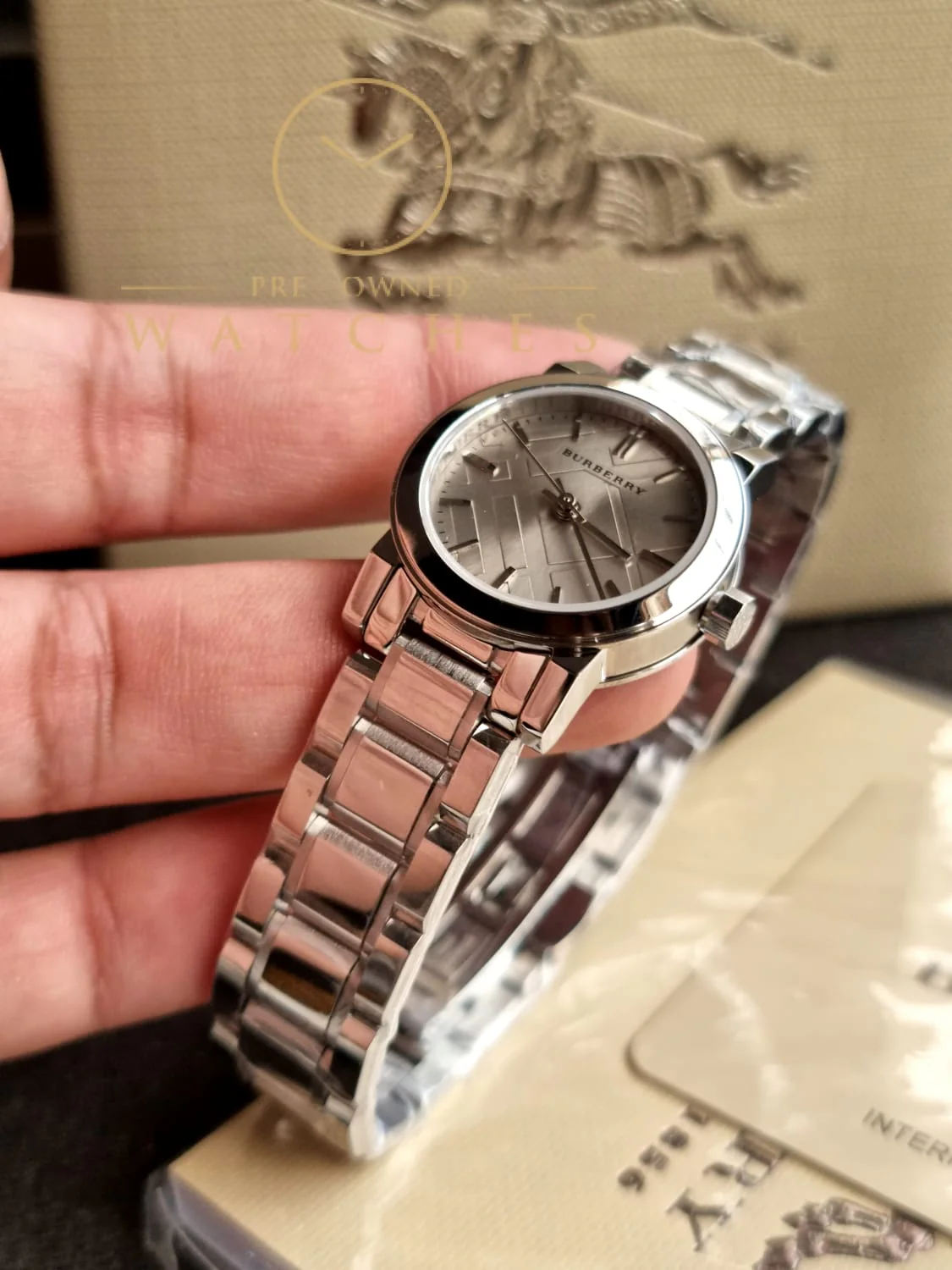 Burberry Women’s Swiss Made Quartz Stainless Steel Grey Check Stamped Dial 26mm Watch BU9229 - Image 3