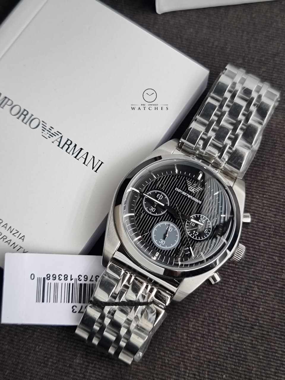 Emporio Armani AR0373 Men's Chronograph Watch – Black Dial, Silver Stainless Steel Bracelet, Date Display, Quartz, 43mm