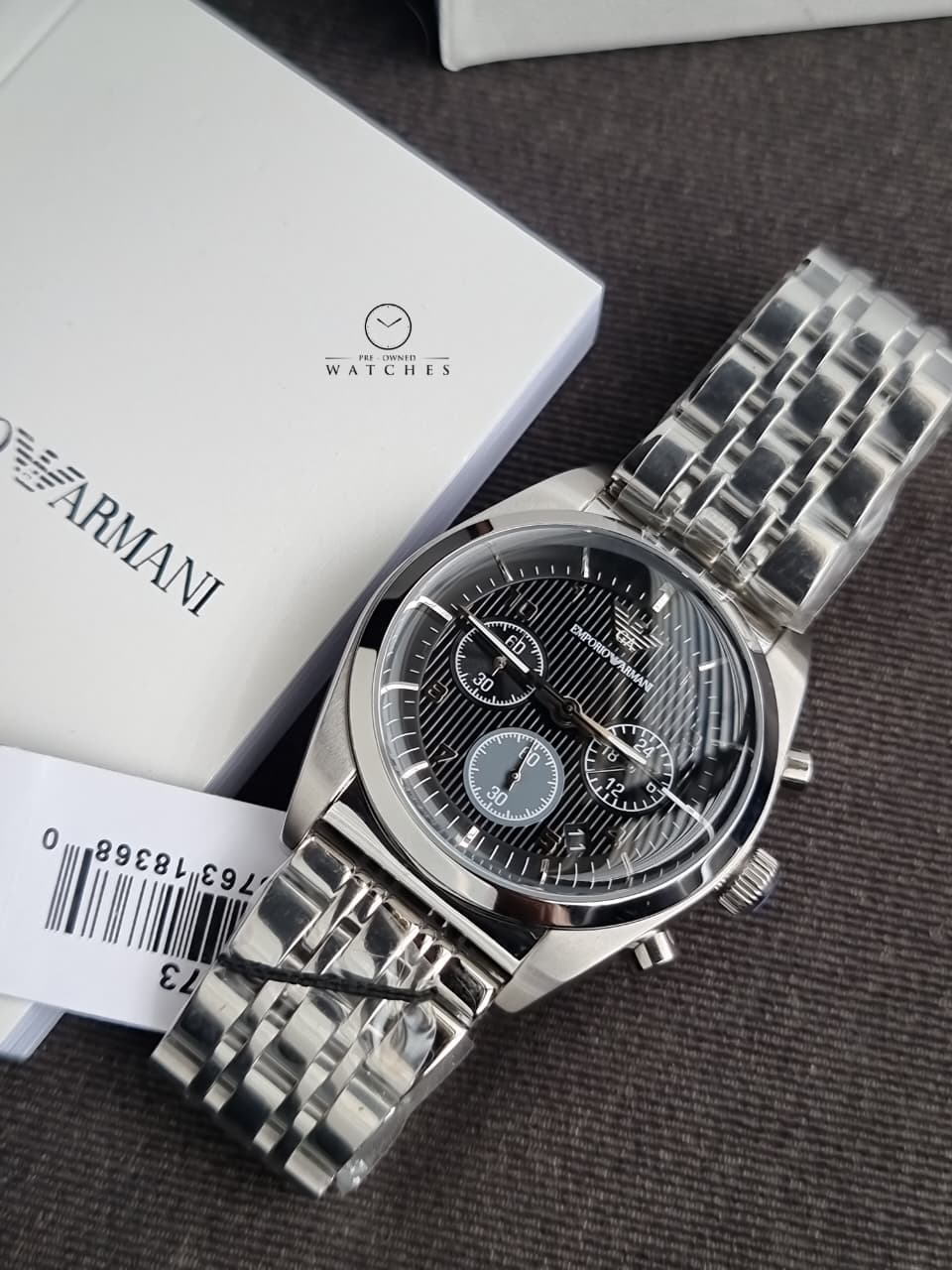 Emporio Armani AR0373 Men's Chronograph Watch – Black Dial, Silver Stainless Steel Bracelet, Date Display, Quartz, 43mm - Image 2