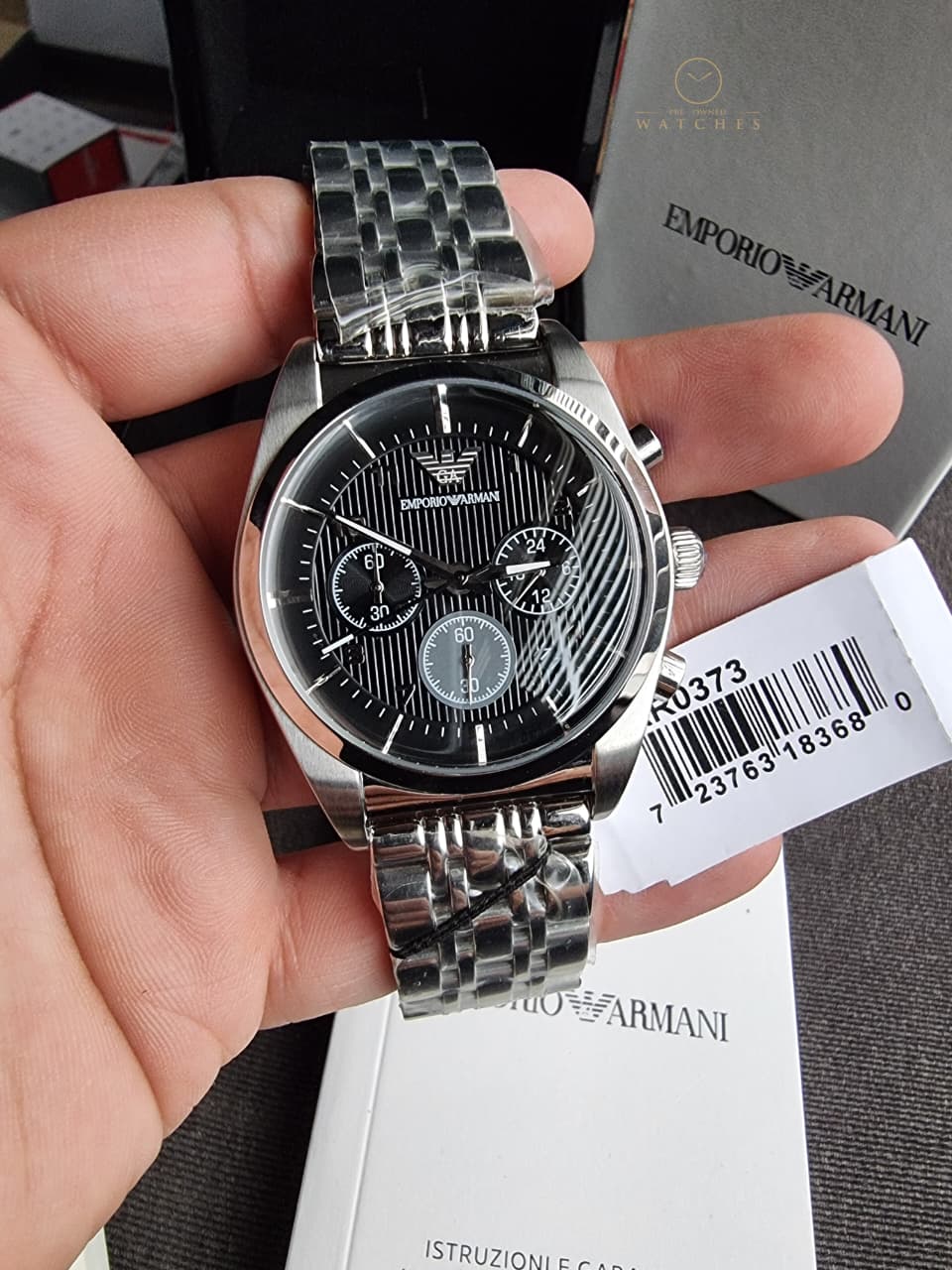 Emporio Armani AR0373 Men's Chronograph Watch – Black Dial, Silver Stainless Steel Bracelet, Date Display, Quartz, 43mm - Image 3