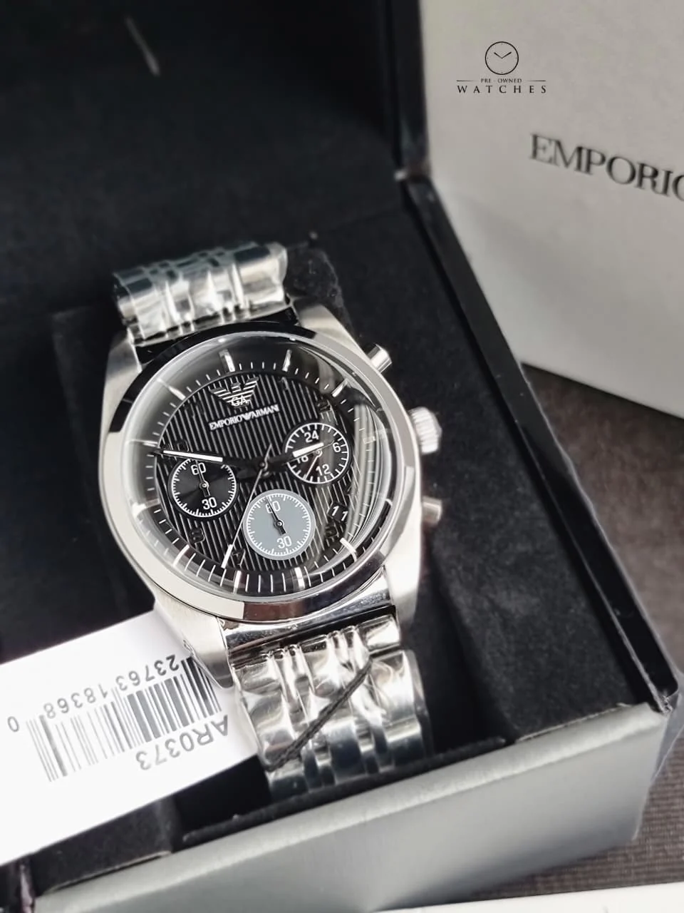 Emporio Armani AR0373 Men's Chronograph Watch – Black Dial, Silver Stainless Steel Bracelet, Date Display, Quartz, 43mm - Image 4