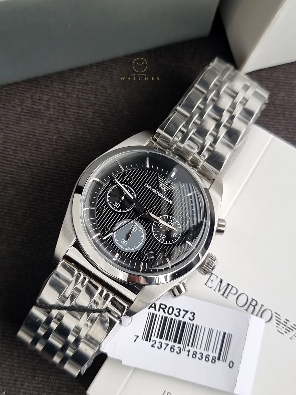 Emporio Armani AR0373 Men's Chronograph Watch – Black Dial, Silver Stainless Steel Bracelet, Date Display, Quartz, 43mm - Image 5