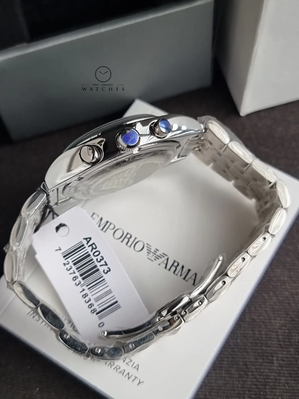 Emporio Armani AR0373 Men's Chronograph Watch – Black Dial, Silver Stainless Steel Bracelet, Date Display, Quartz, 43mm - Image 7