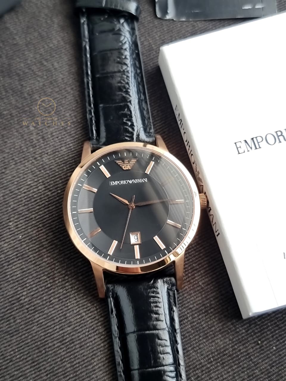 EMPORIO ARMANI Classic Black Leather Strap Black Dial Quartz Watch for Gents - AR2425