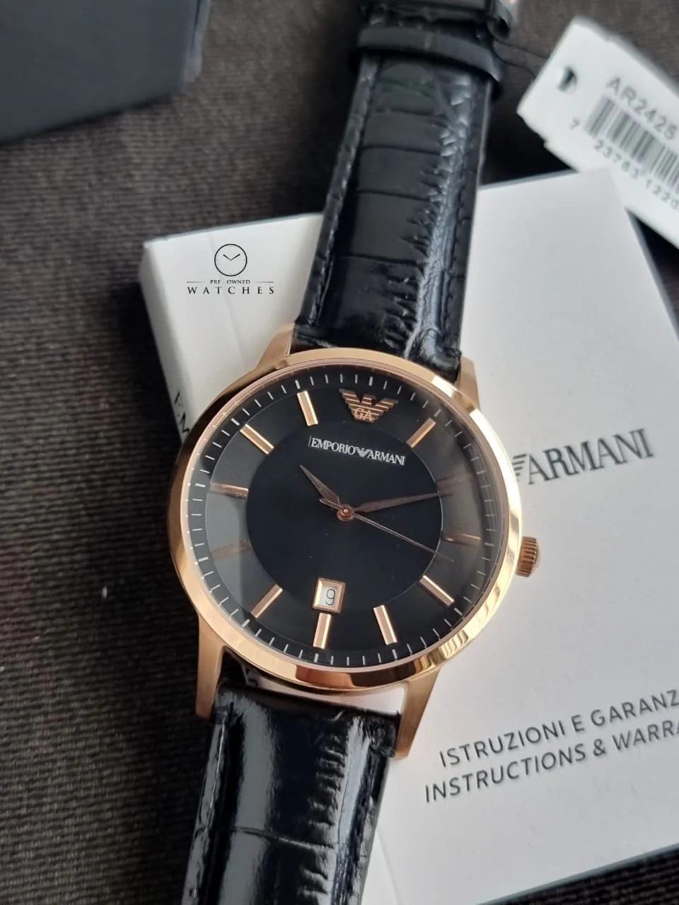 EMPORIO ARMANI Classic Black Leather Strap Black Dial Quartz Watch for Gents - AR2425 - Image 5