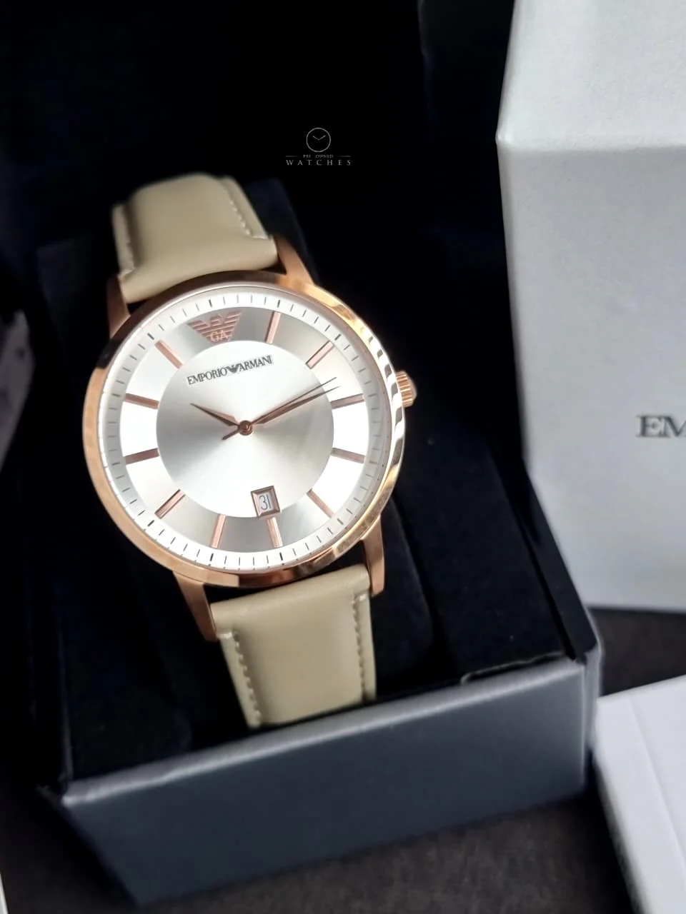 Emporio Armani Classic Silver Dial Beige Leather Strap Men's Watch – AR2464 - Image 3