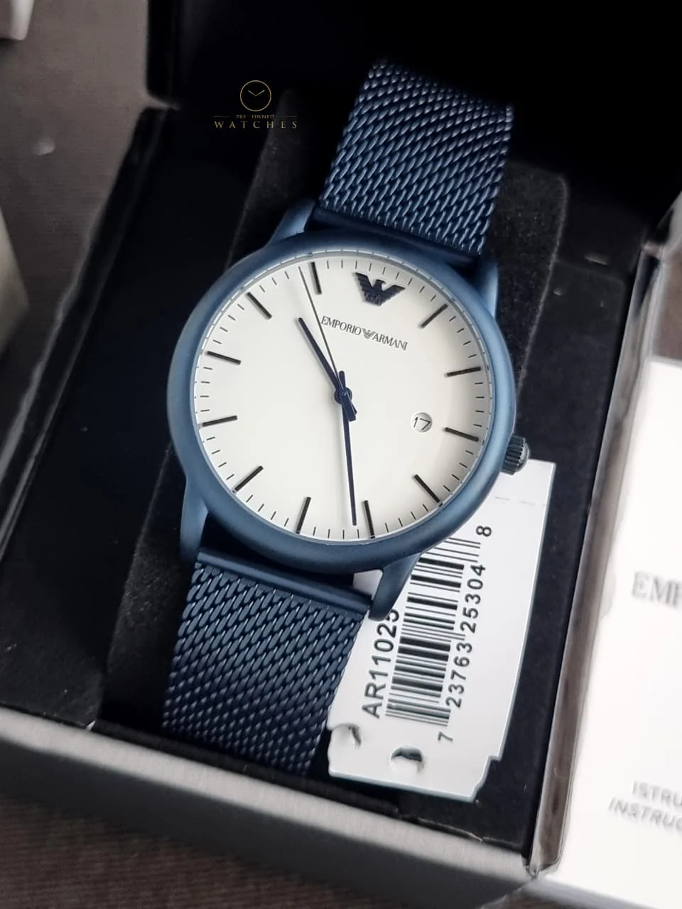 EMPORIO ARMANI Luigi Blue Mesh Bracelet White Dial Quartz Watch for Gents - AR11025 - Image 4