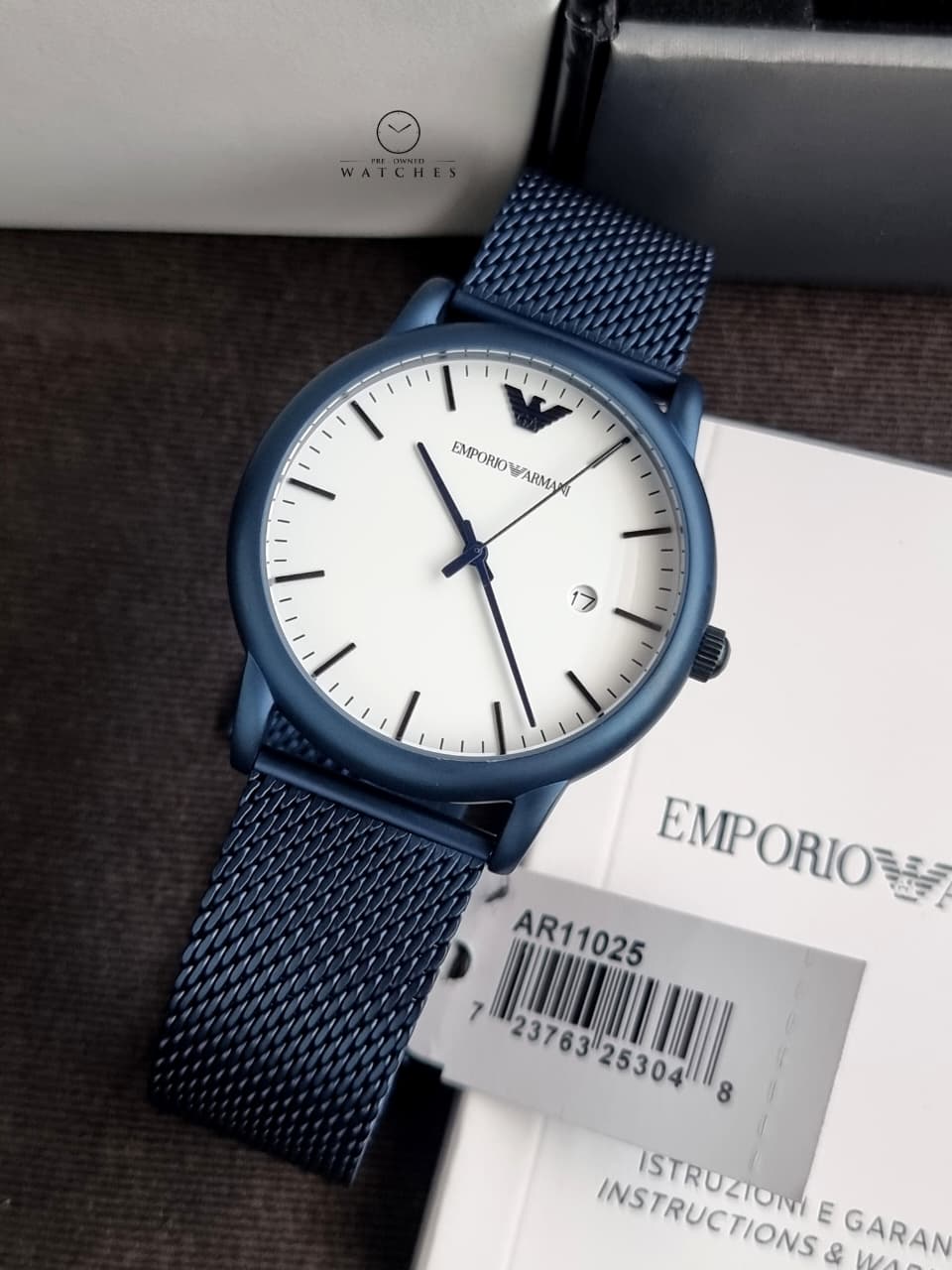 EMPORIO ARMANI Luigi Blue Mesh Bracelet White Dial Quartz Watch for Gents - AR11025 - Image 8