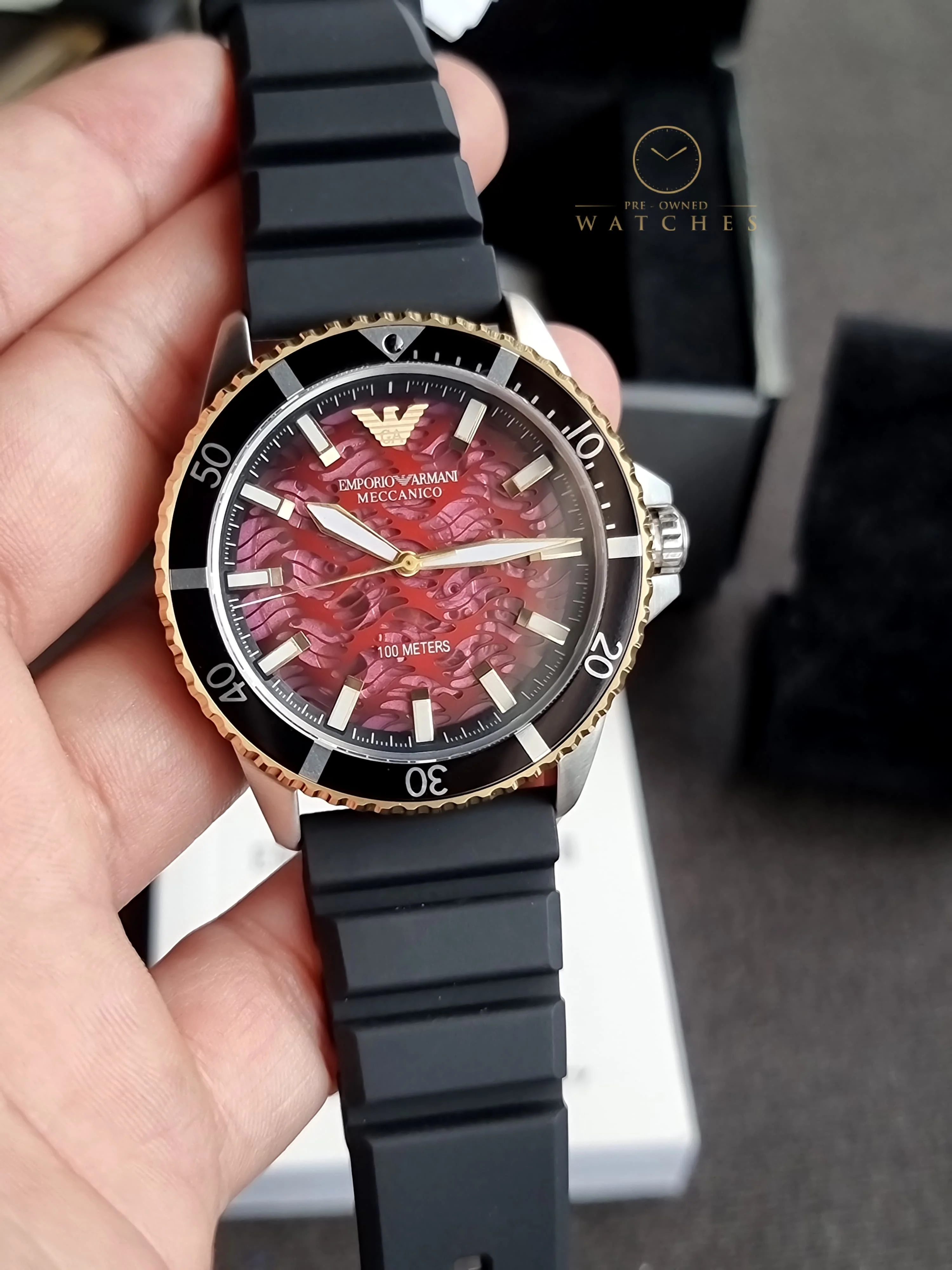 Emporio Armani Men’s Automatic Black Silicone Strap Red Dial 43mm Watch AR60070 - Image 10