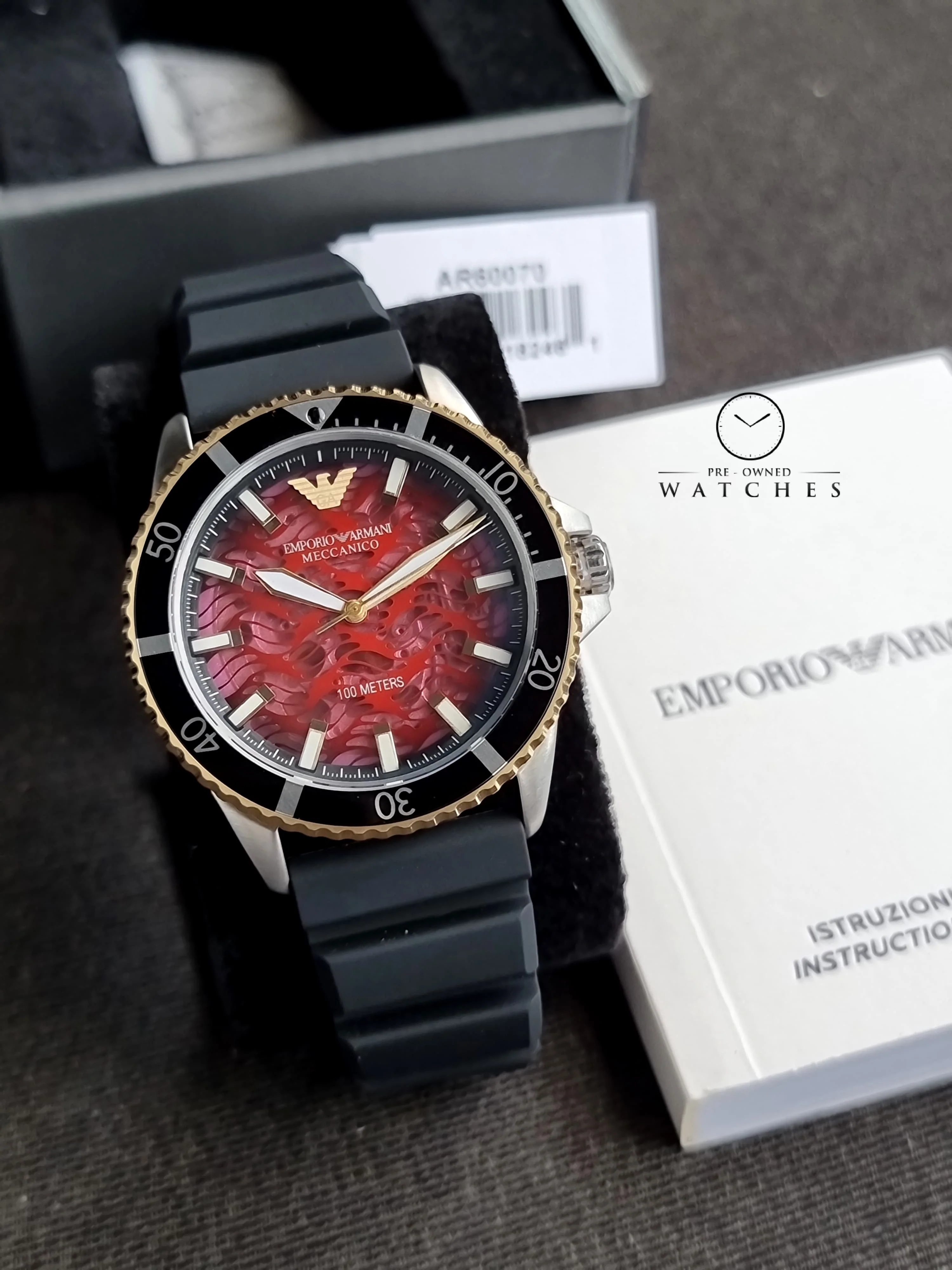 Emporio Armani Men’s Automatic Black Silicone Strap Red Dial 43mm Watch AR60070 - Image 4