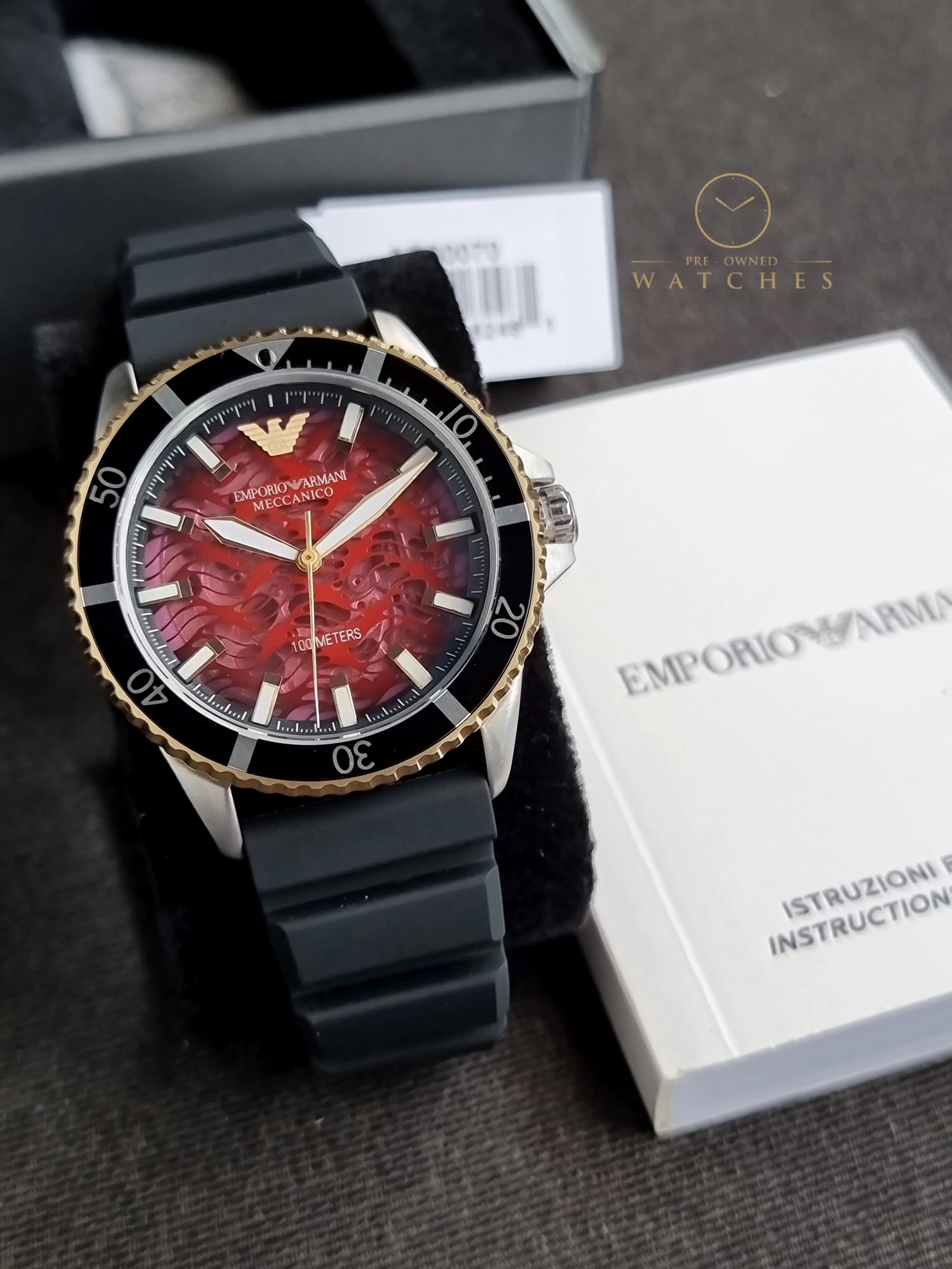 Emporio Armani Men’s Automatic Black Silicone Strap Red Dial 43mm Watch AR60070 - Image 7