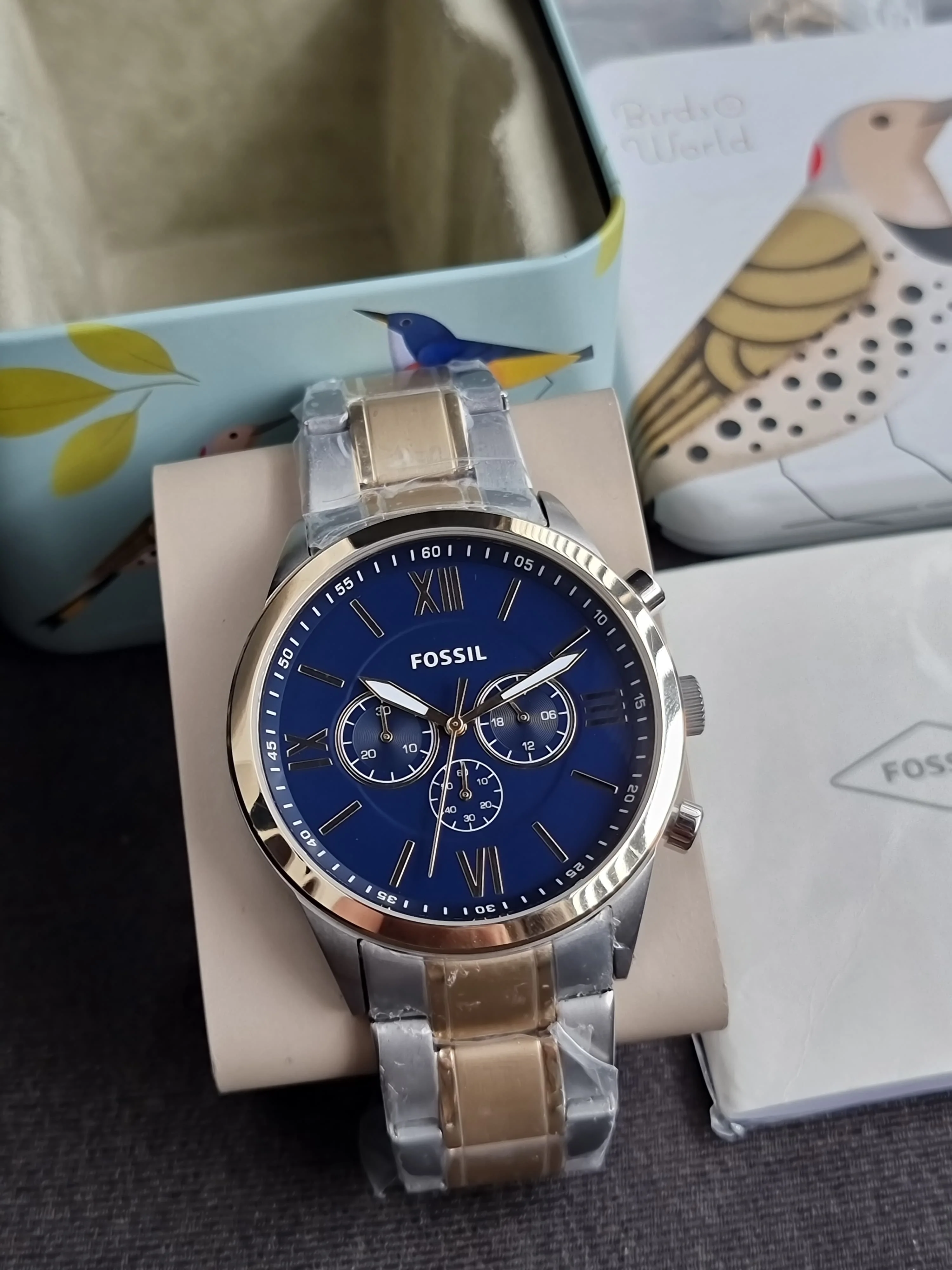 Fossil BQ2407 Flynn Chronograph 48mm Blue Dial Two Tone Steel Men's Watch