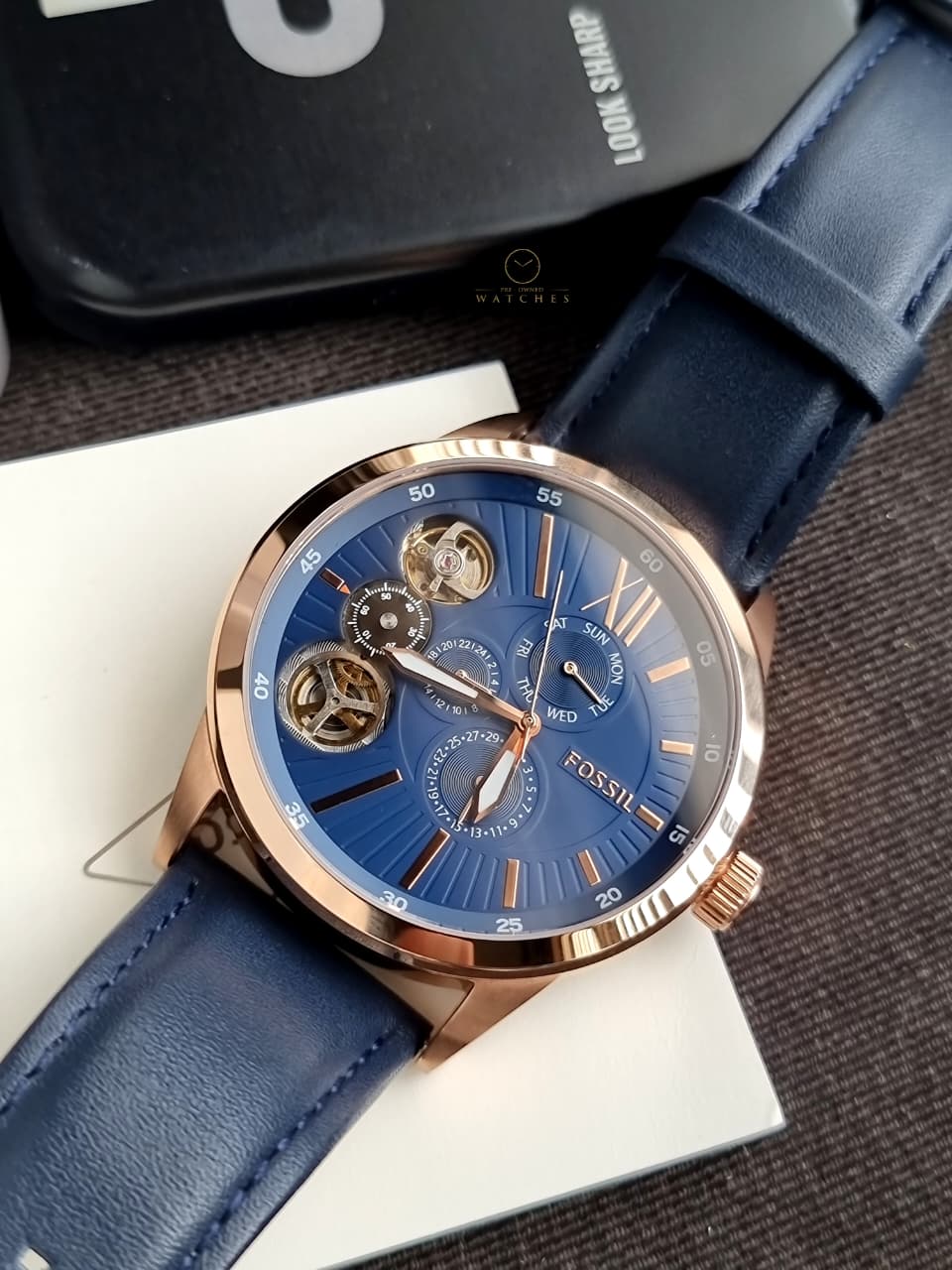 Fossil Flynn Mechanical Navy Leather Men's Watch BQ2219
