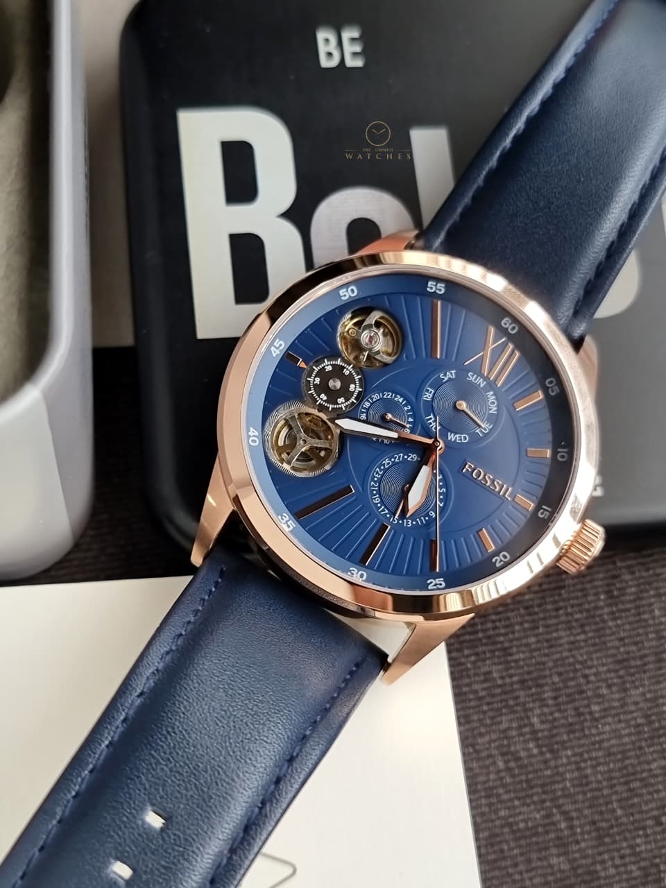 Fossil Flynn Mechanical Navy Leather Men's Watch BQ2219 - Image 4