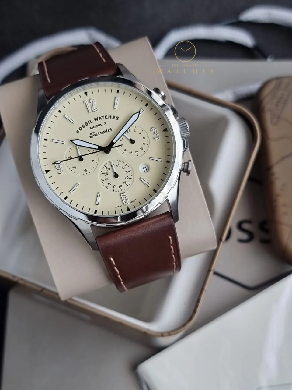 Fossil Forrester Brown Leather Strap Cream Dial Chronograph Quartz Watch for Gents - FS5696