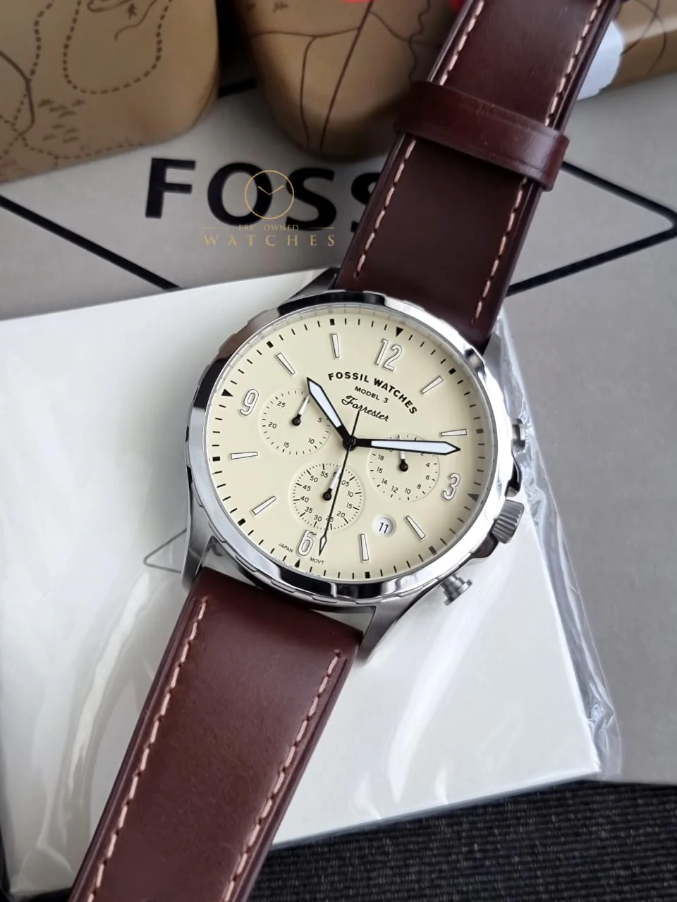 Fossil Forrester Brown Leather Strap Cream Dial Chronograph Quartz Watch for Gents - FS5696 - Image 2