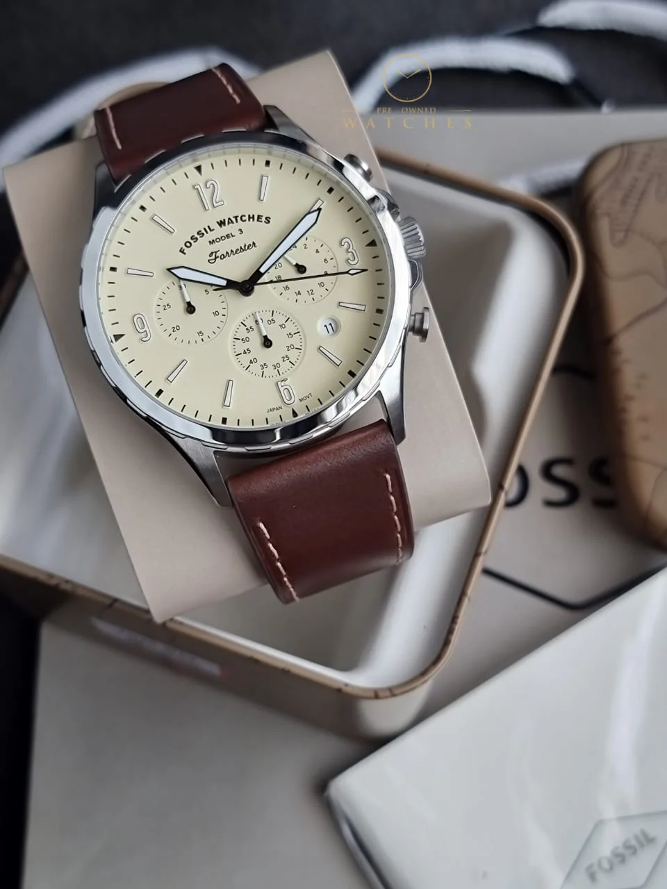 Fossil Forrester Brown Leather Strap Cream Dial Chronograph Quartz Watch for Gents - FS5696 - Image 3