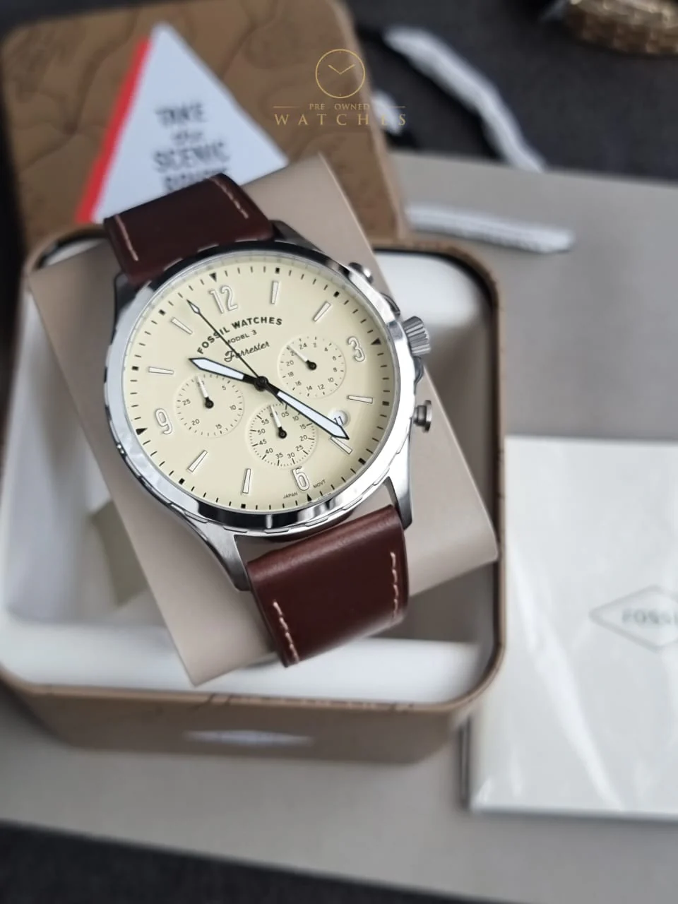 Fossil Forrester Brown Leather Strap Cream Dial Chronograph Quartz Watch for Gents - FS5696 - Image 6