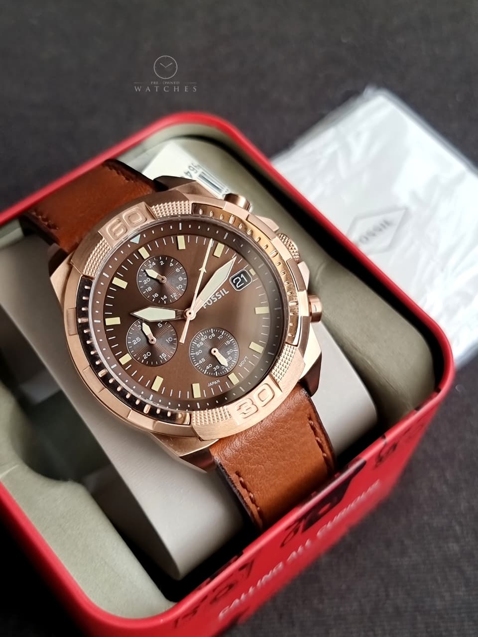 FOSSIL FS5857 MEN'S BRONSON CHRONOGRAPH MEDIUM BROWN ECO LEATHER WATCH - Image 4