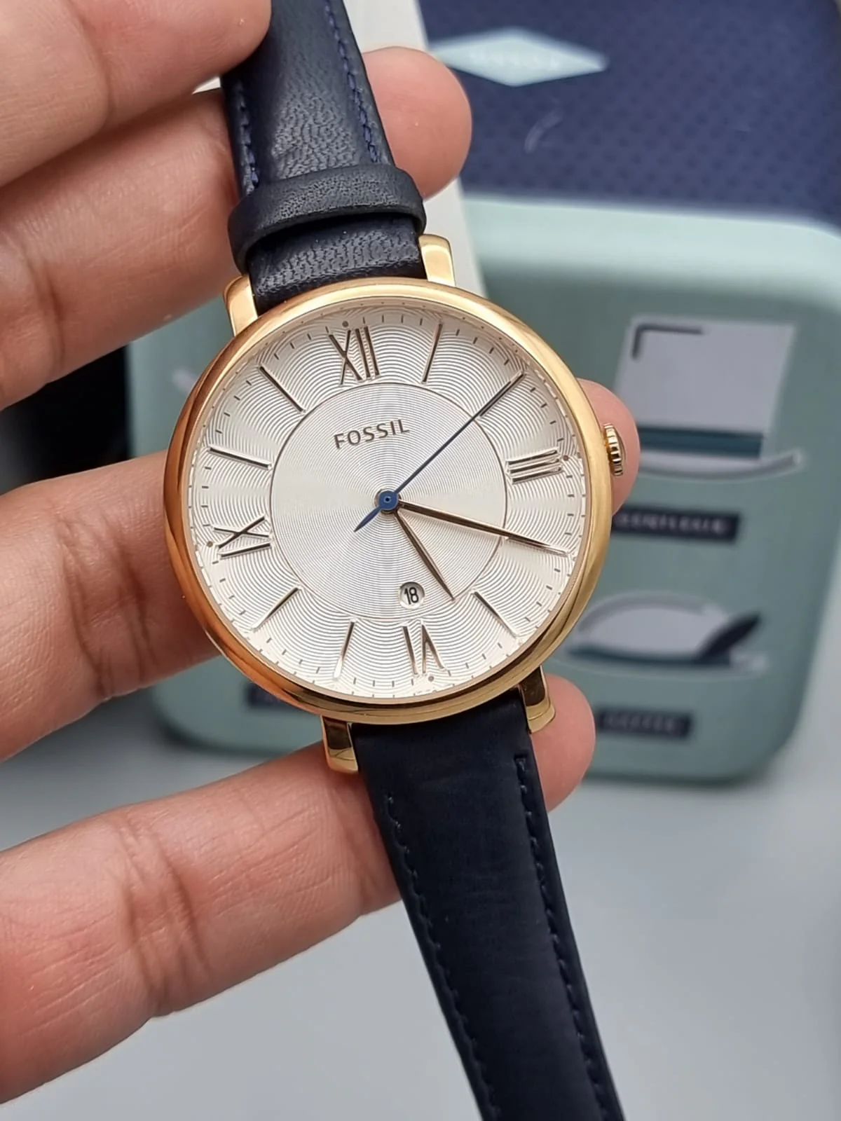 FOSSIL Jacqueline Silver Dial Navy Leather Quartz Ladies Watch ES3843