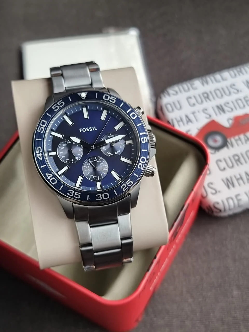 Fossil Men’s Chronograph Quartz Gunmetal Stainless Steel Blue Dial 45mm Watch BQ2910 (Without Tag) - Image 3
