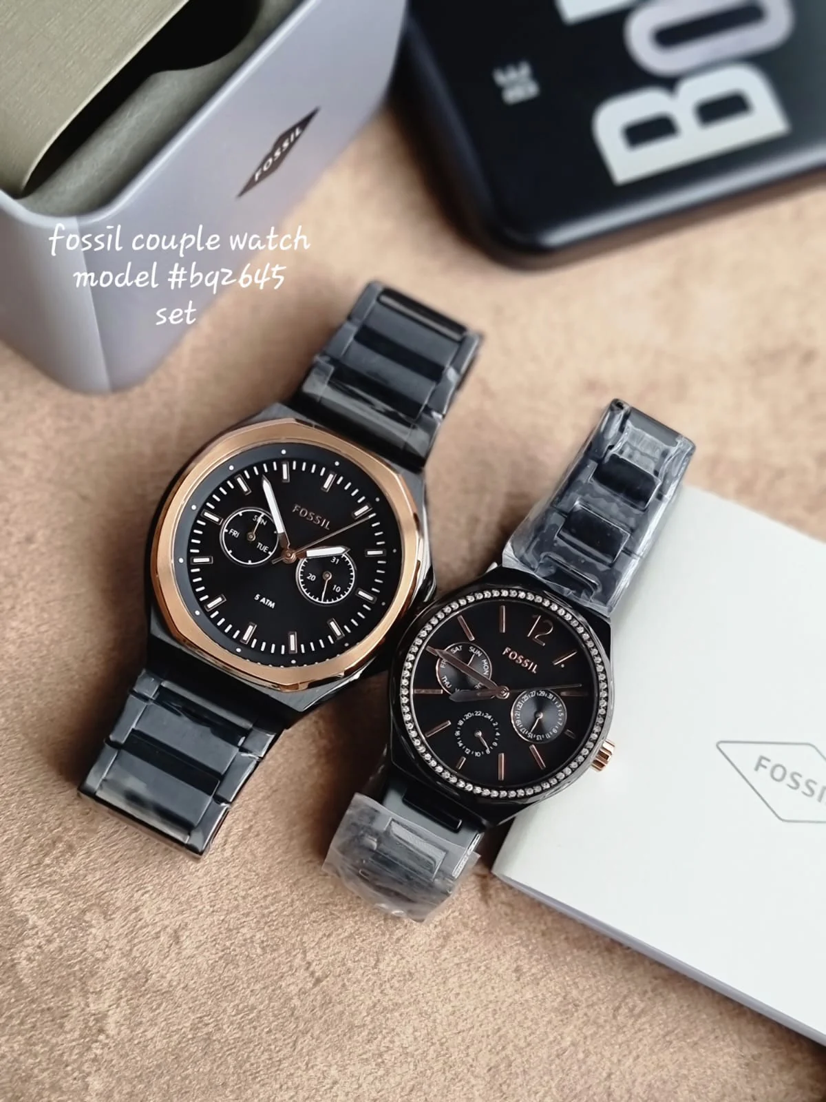 Fossil Evanston His & Her Black Stainless Steel Multifunction Couple Watch Set – BQ2645SET - Image 20
