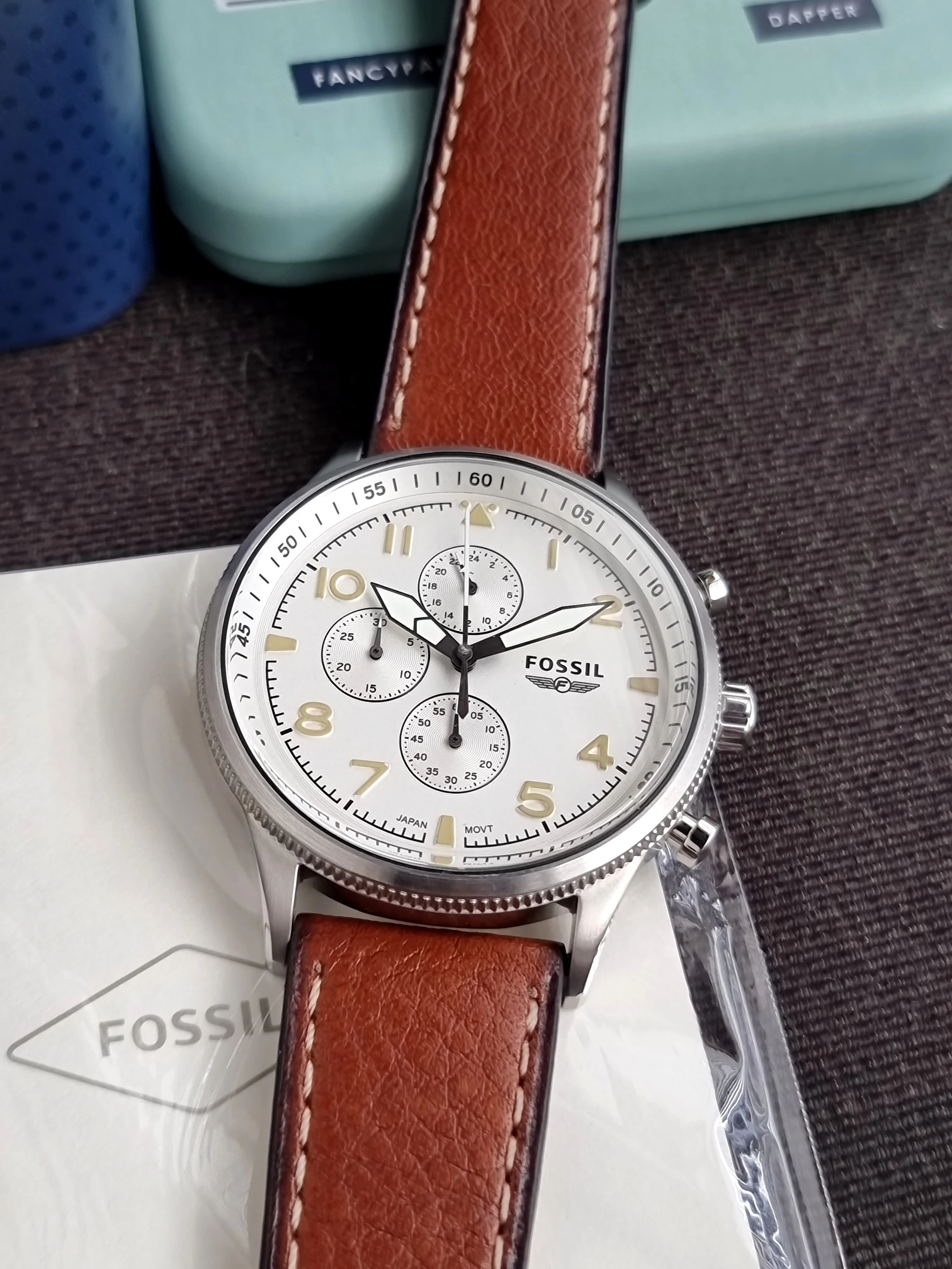 FOSSIL RETRO PILOT SILVER DIAL CHRONOGRAPH BROWN LEATHER MEN'S WATCH FS5809 - Image 8