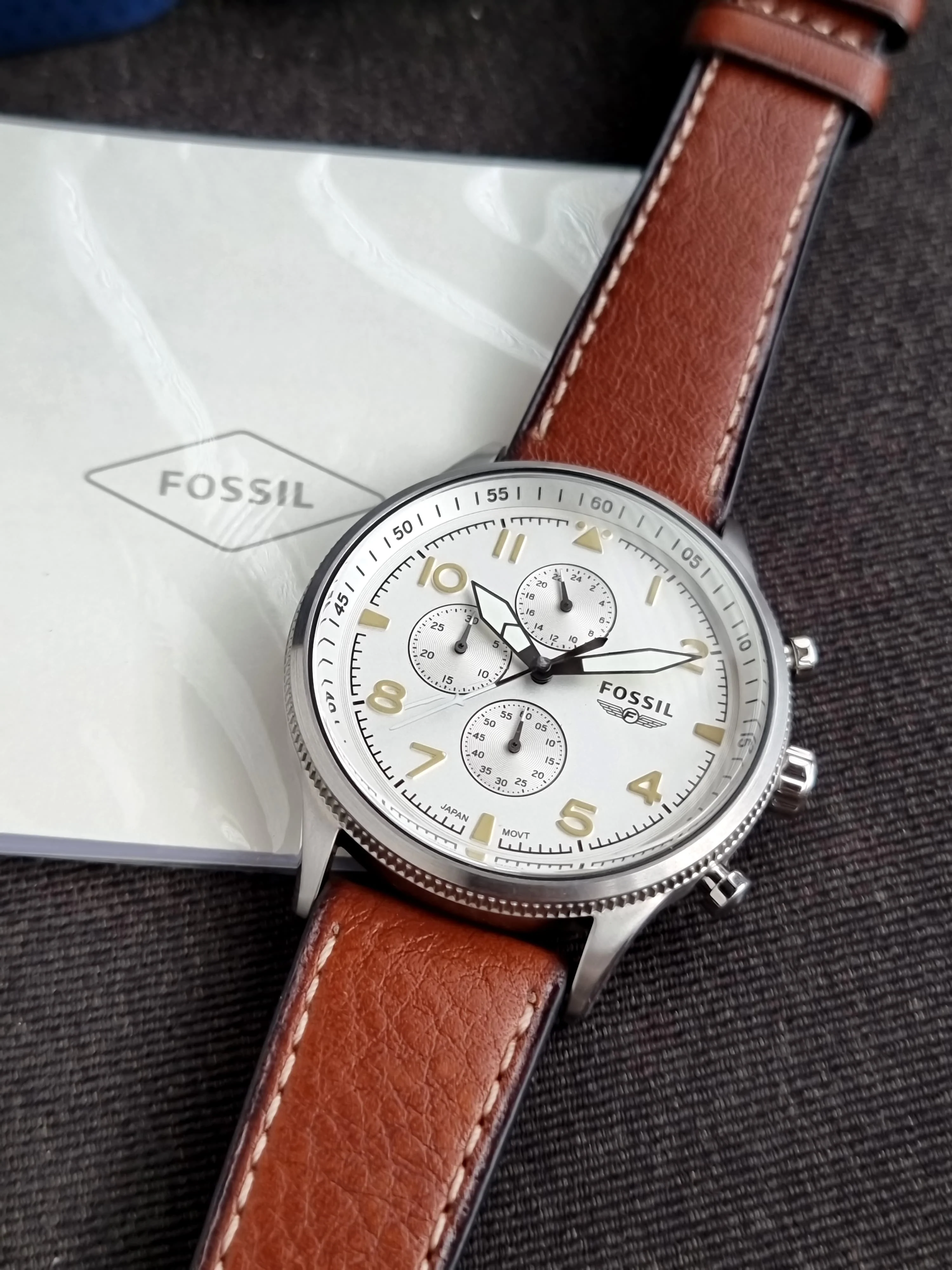 FOSSIL RETRO PILOT SILVER DIAL CHRONOGRAPH BROWN LEATHER MEN'S WATCH FS5809 - Image 9