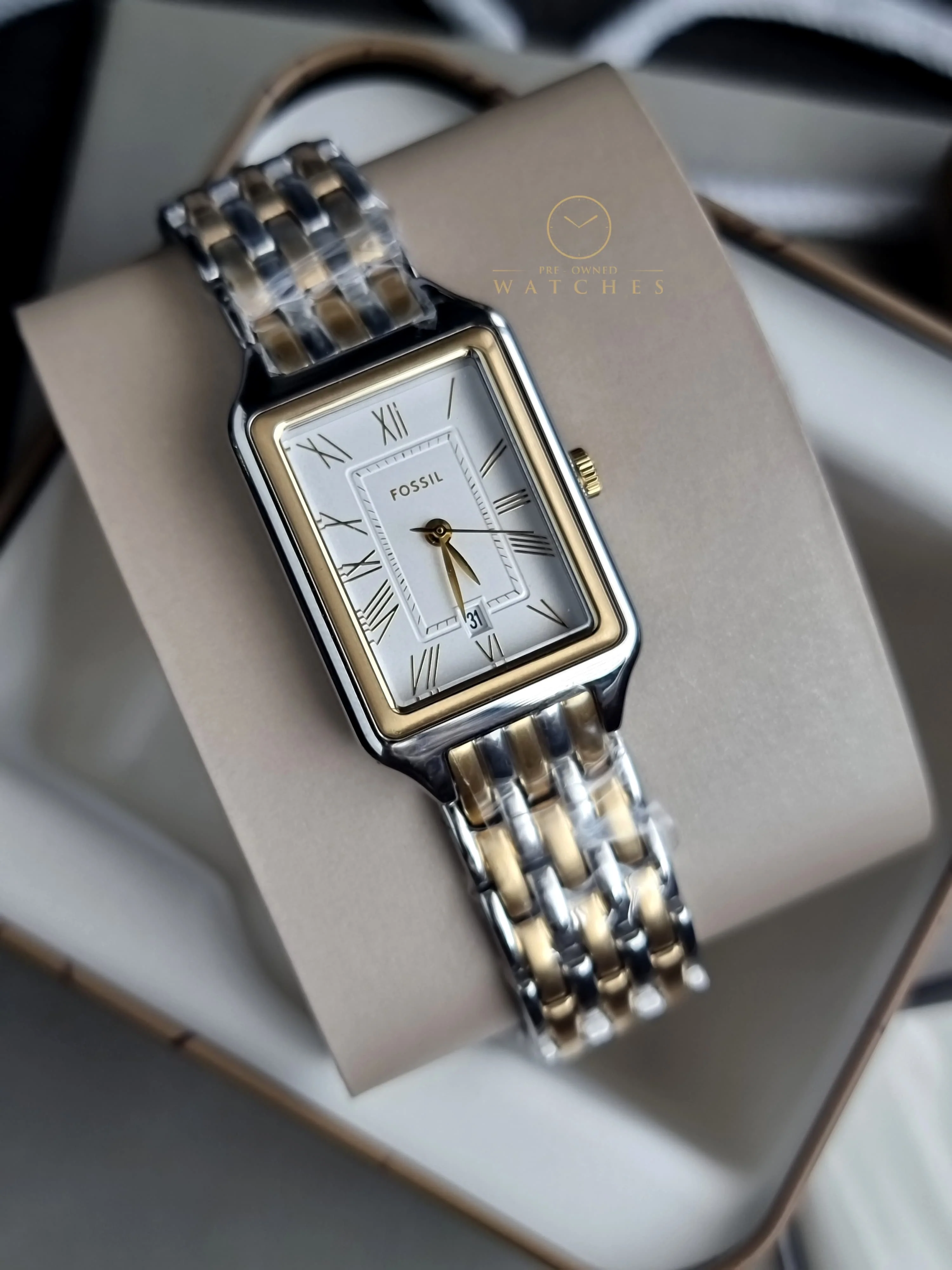Fossil Women's Raquel Three-Hand Date Silver and Gold Two-Tone Stainless Steel Bracelet Watch (Model: ES5368) - Image 3