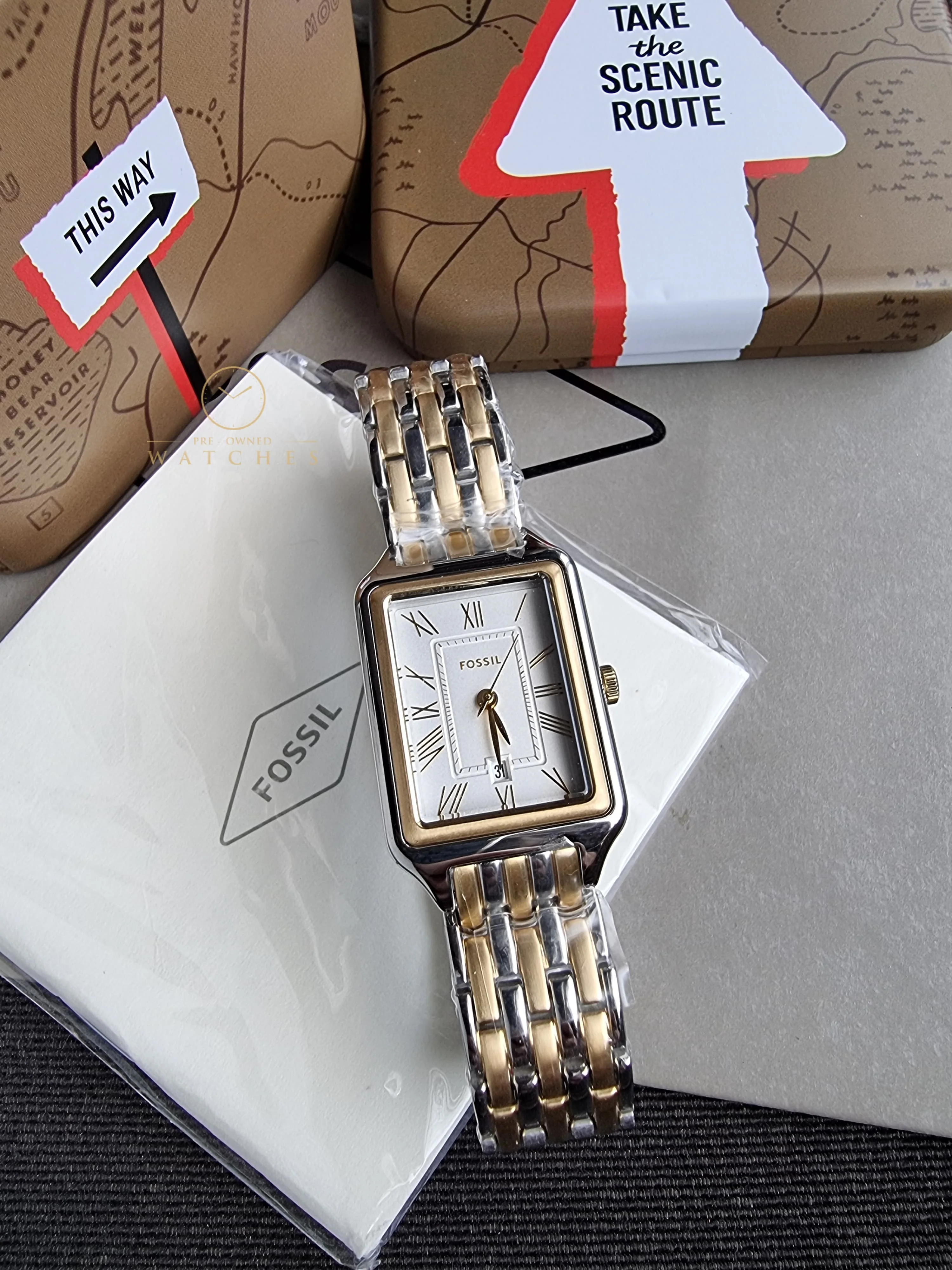Fossil Women's Raquel Three-Hand Date Silver and Gold Two-Tone Stainless Steel Bracelet Watch (Model: ES5368) - Image 4