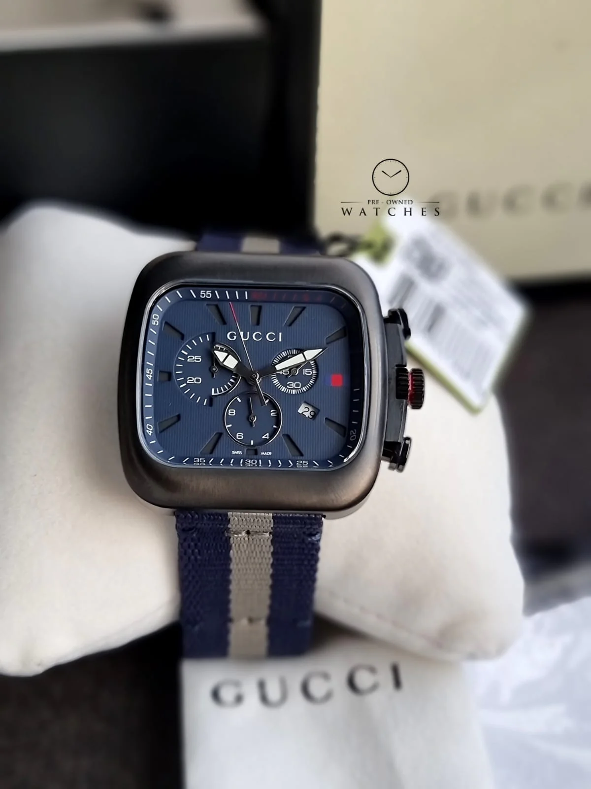 Gucci Coupe Blue-Gray-Blue Web Nylon Nato Blue Guilloche Dial Chronograph Quartz Watch for Gents - YA131203 - Image 2