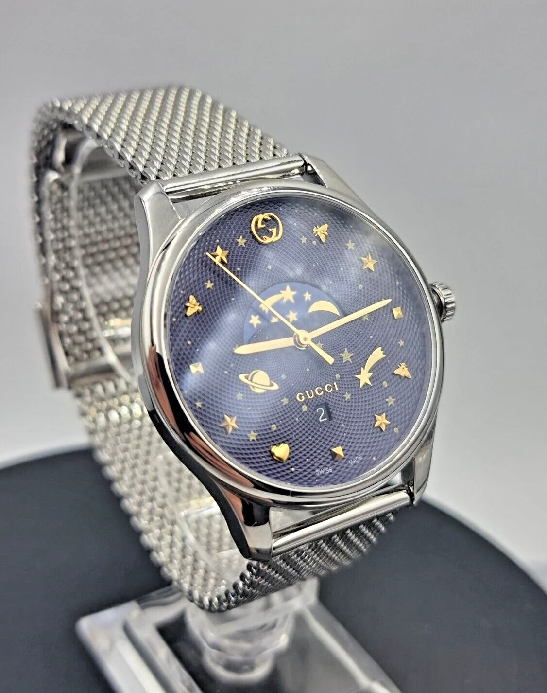 Gucci G-Timeless Moonphase Silver Mesh Bracelet Blue Dial Quartz Watch for Gents – GUCCI YA126328 - Image 4
