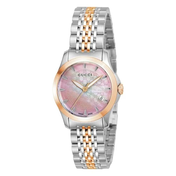 GuGucci Women’s Quartz Two Tone Stainless Steel Pink Mother Of Pearl Dial 27mm Watch YA126536