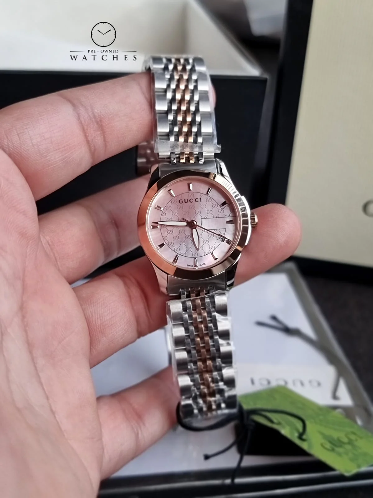 GuGucci Women’s Quartz Two Tone Stainless Steel Pink Mother Of Pearl Dial 27mm Watch YA126536 - Image 4