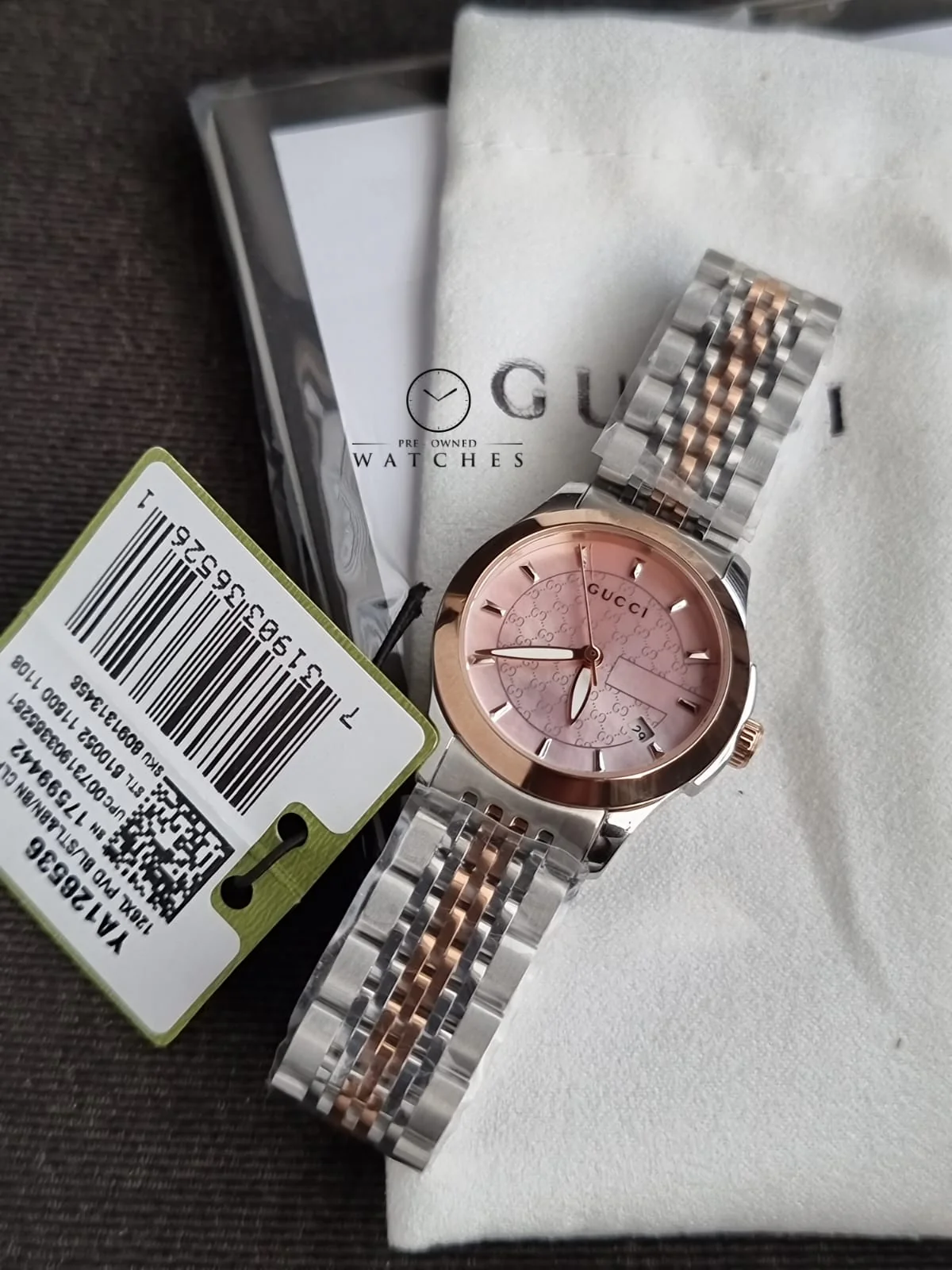 GuGucci Women’s Quartz Two Tone Stainless Steel Pink Mother Of Pearl Dial 27mm Watch YA126536 - Image 9