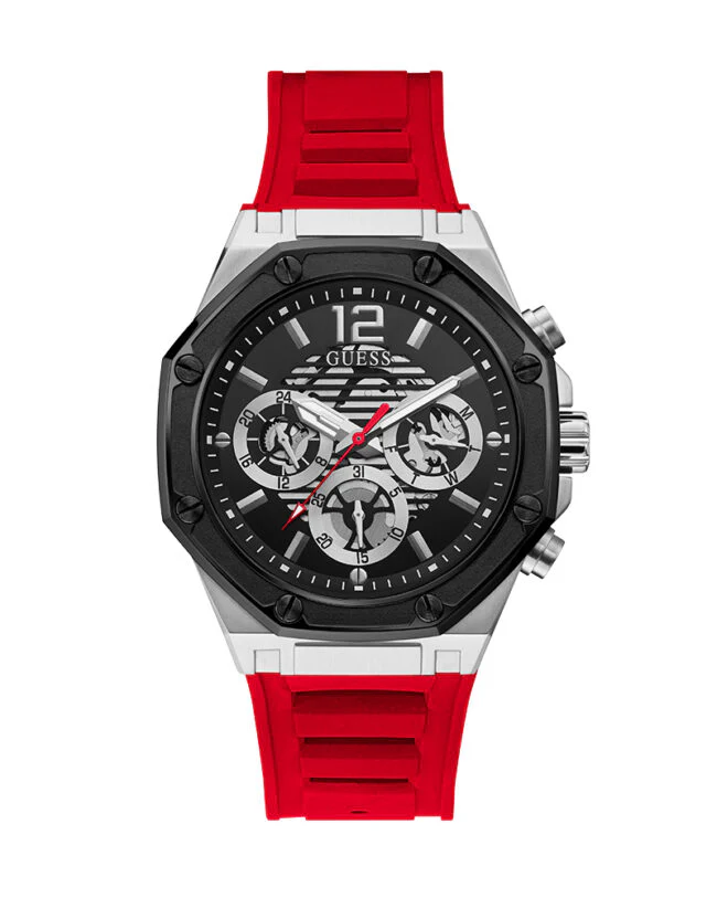 Guess Mens Silver Case with Black TR Black Multi-Function Dial Red Silicone Strap Watch