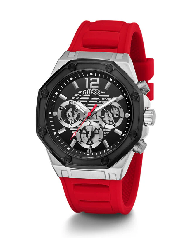 Guess Mens Silver Case with Black TR Black Multi-Function Dial Red Silicone Strap Watch - Image 2