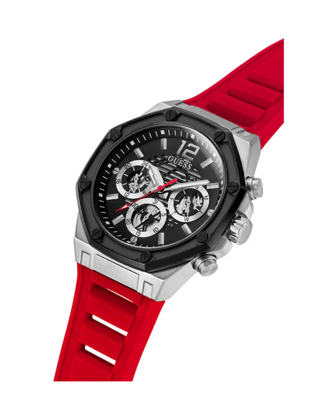 Guess Mens Silver Case with Black TR Black Multi-Function Dial Red Silicone Strap Watch - Image 3