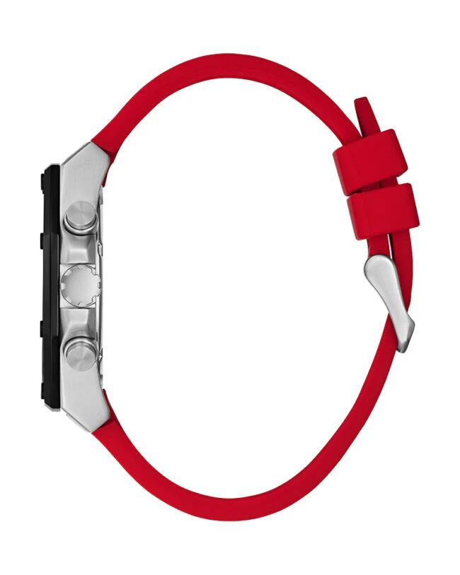 Guess Mens Silver Case with Black TR Black Multi-Function Dial Red Silicone Strap Watch - Image 4