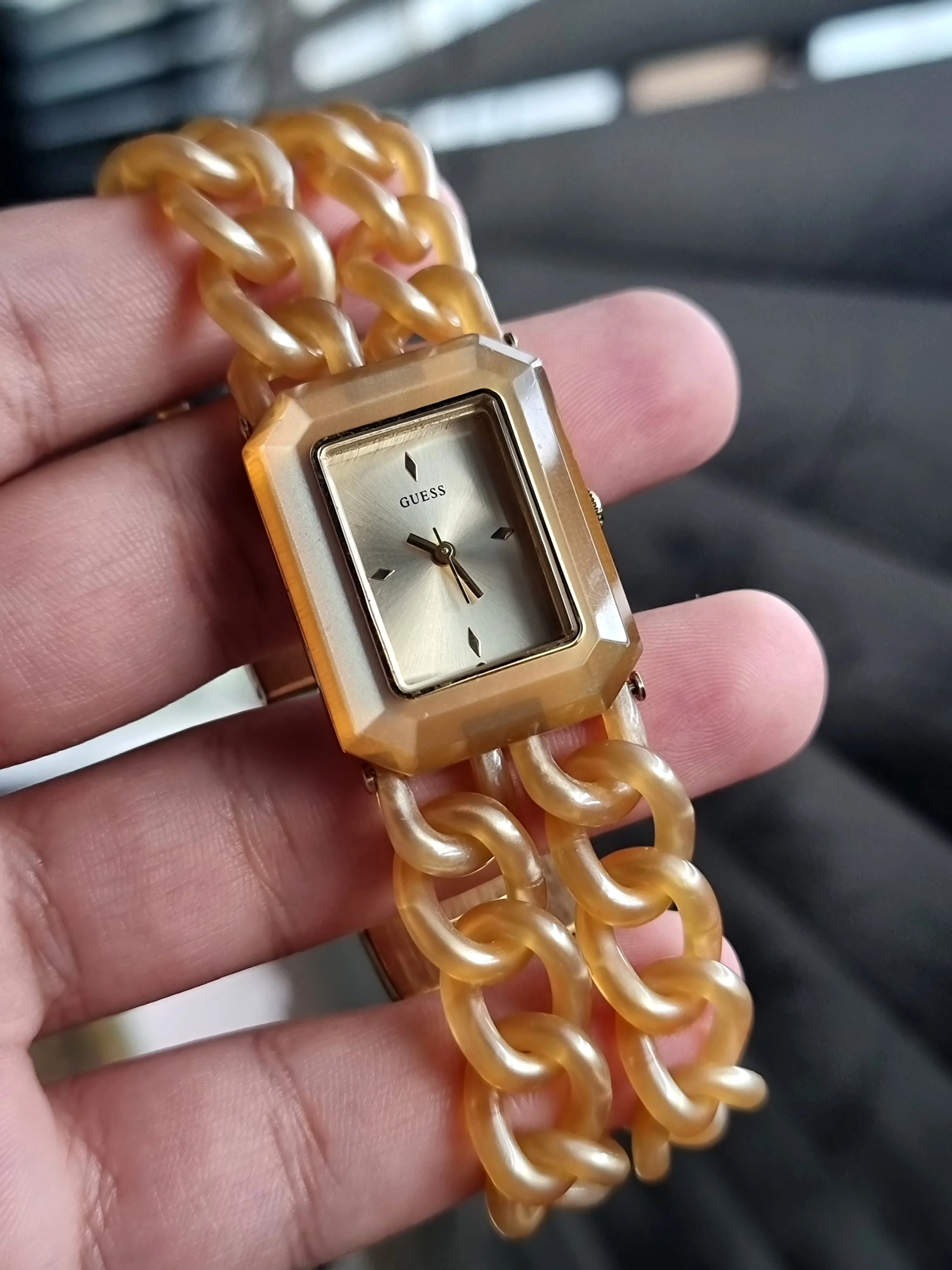 Guess Women's Peach Acrylic Chain Link Wrist Watch - Image 2