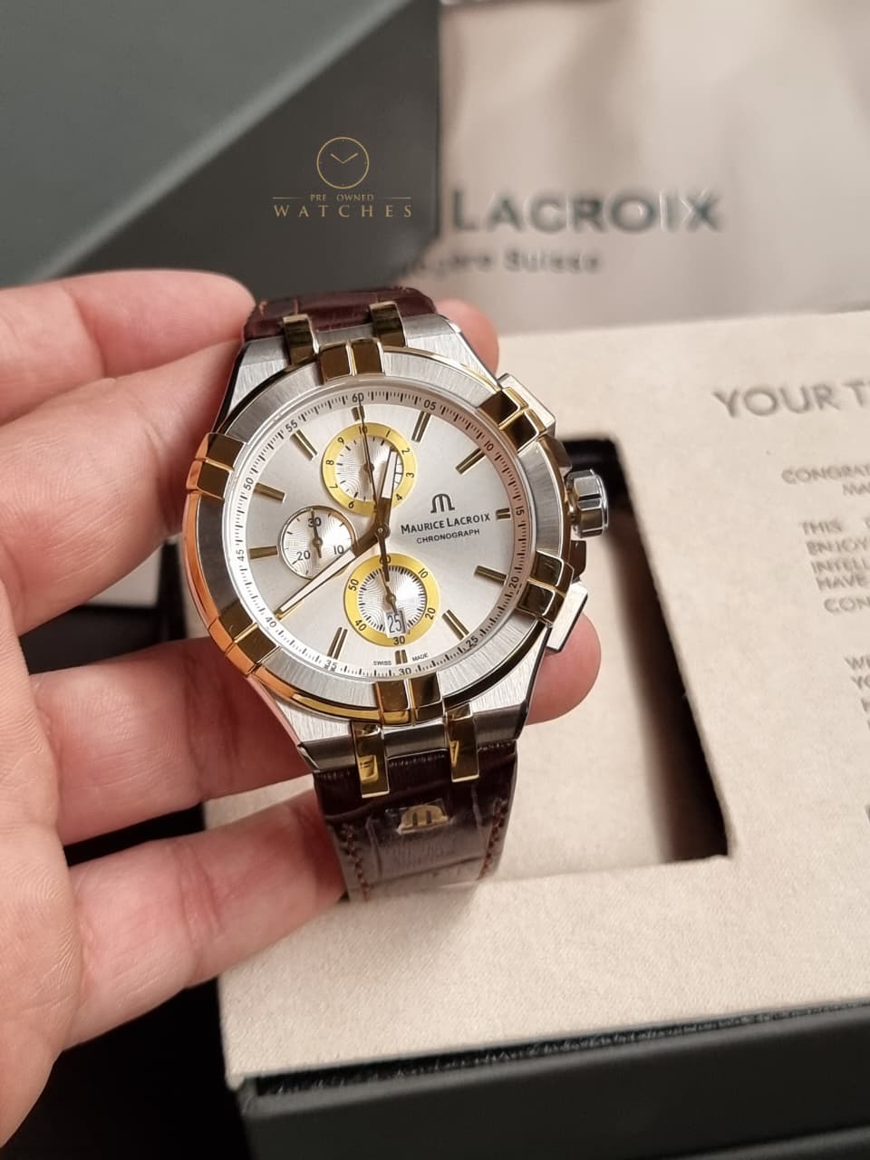 Maurice Lacroix Aikon Brown Leather Strap Silver Dial Chronograph Quartz Watch for Gents - AI1018-PVY11-132-1 - Image 3