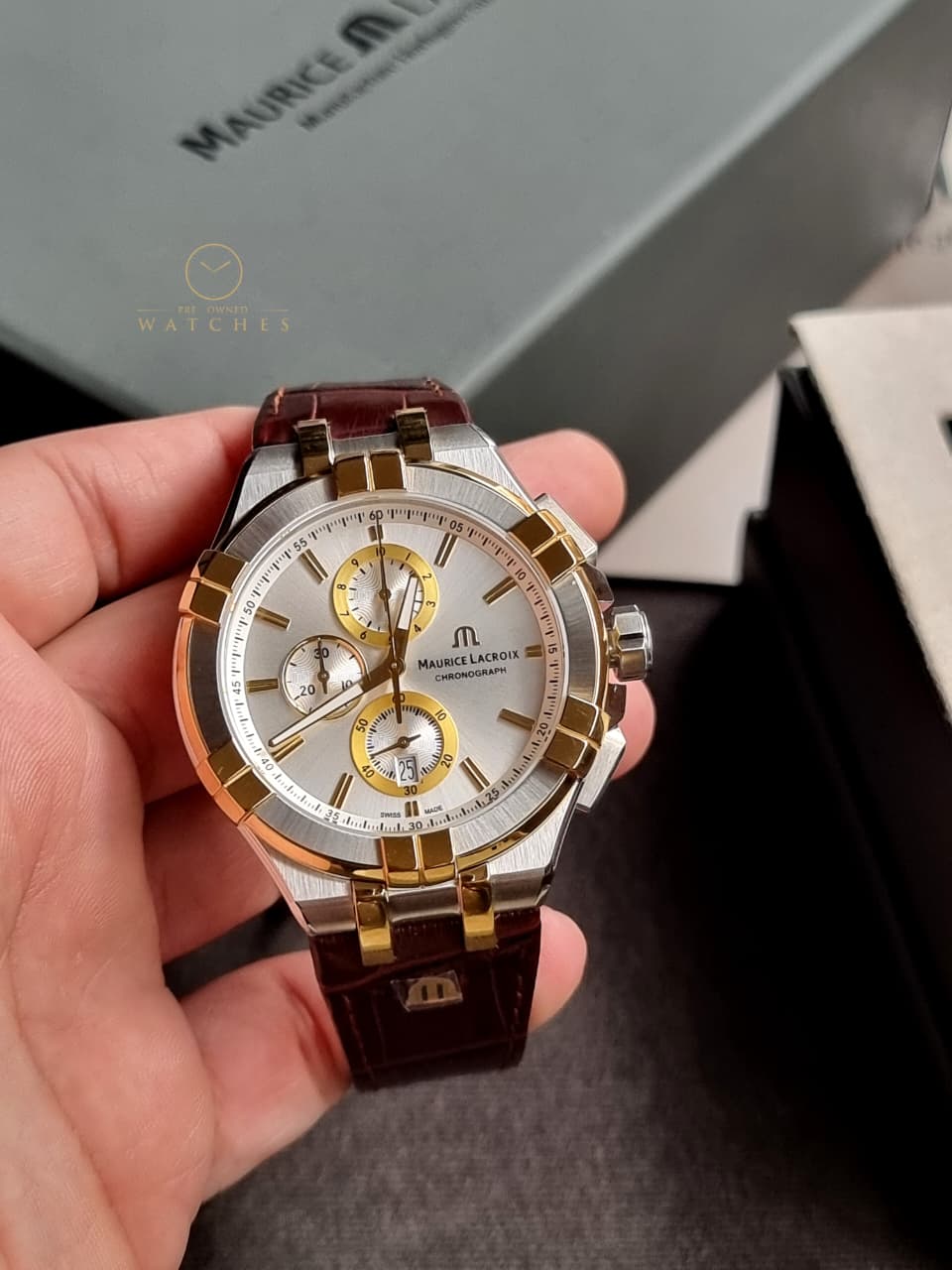 Maurice Lacroix Aikon Brown Leather Strap Silver Dial Chronograph Quartz Watch for Gents - AI1018-PVY11-132-1 - Image 7