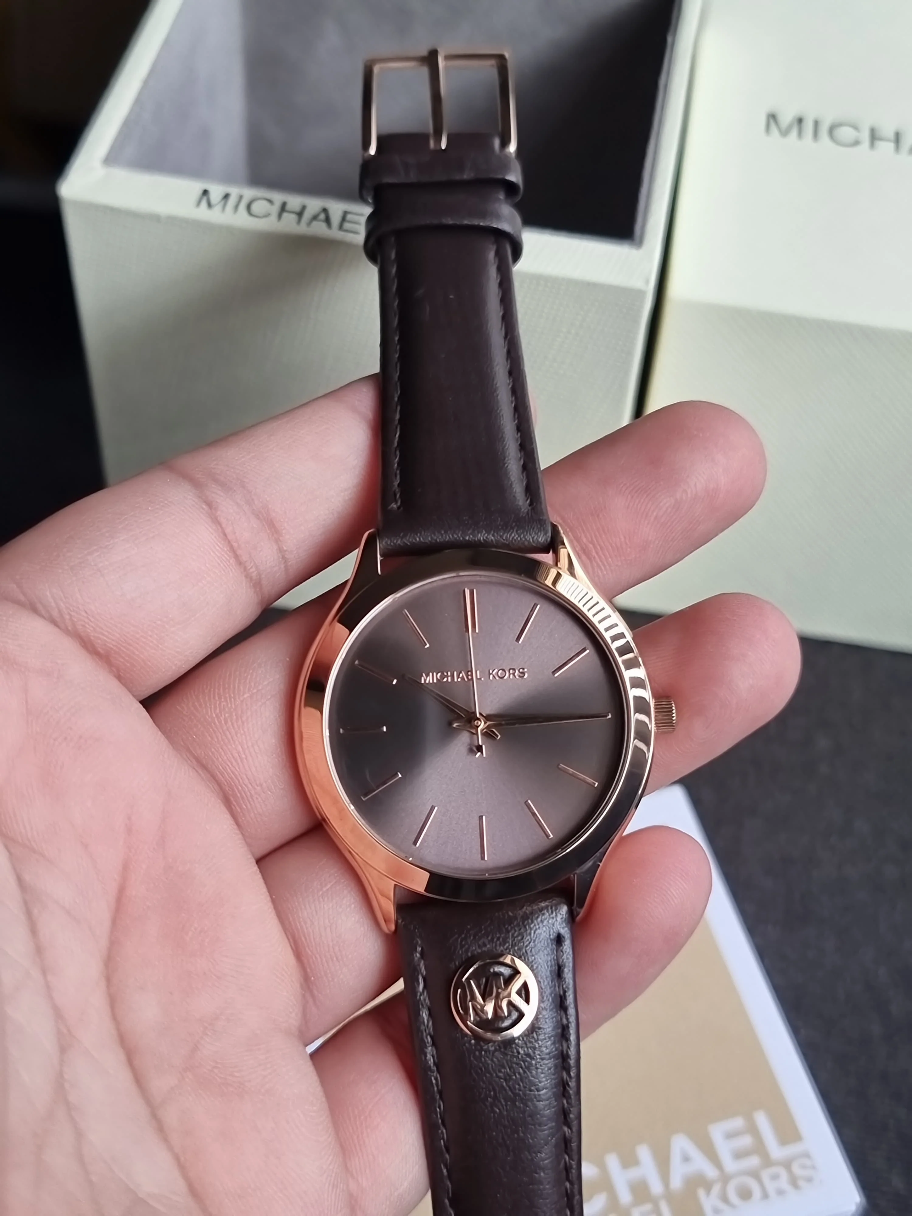 Michael Kors Slim Runway Three-Hand Chocolate Leather Watch Mk7489 - Image 3