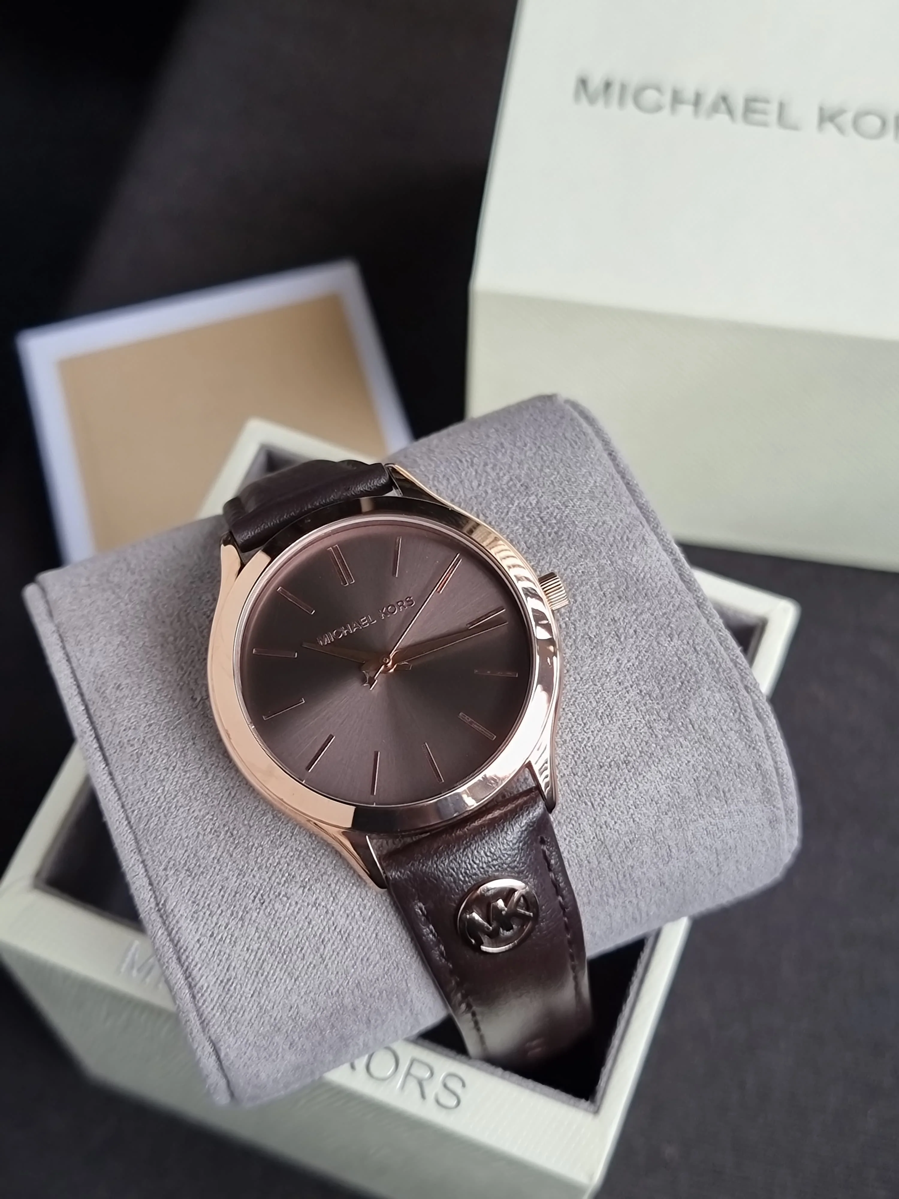 Michael Kors Slim Runway Three-Hand Chocolate Leather Watch Mk7489 - Image 4