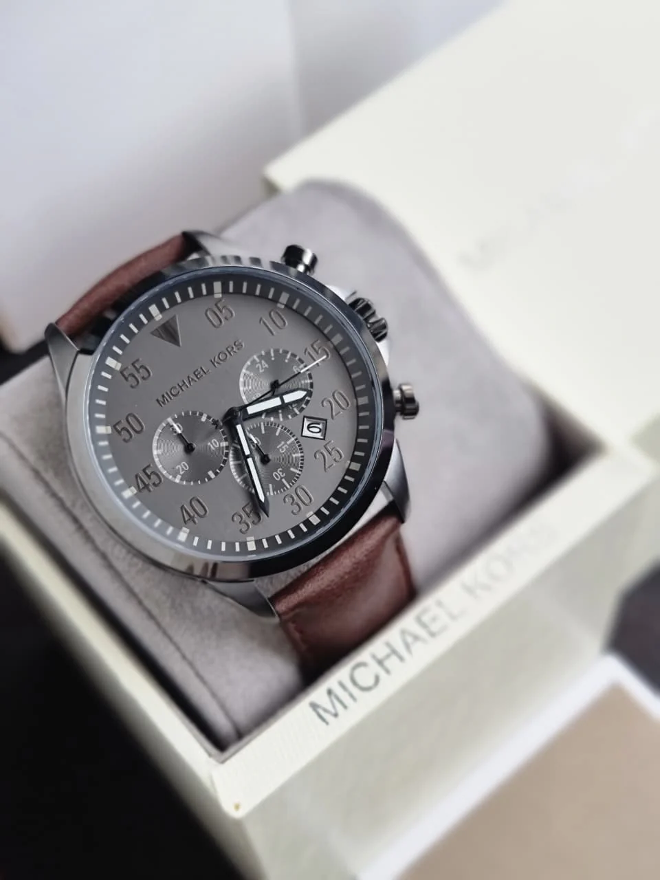 Michael Kors Thompkins Grey Dial Brown Leather Chronograph Quartz Men's Watch 45mm – MK8863 - Image 3