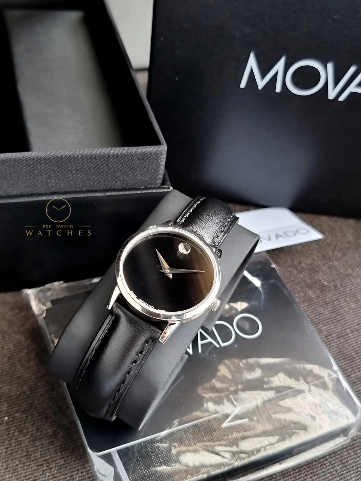 Movado Women’s Swiss Made Quartz Black Leather Strap Black Dial 28mm Watch 0607274 - Image 10