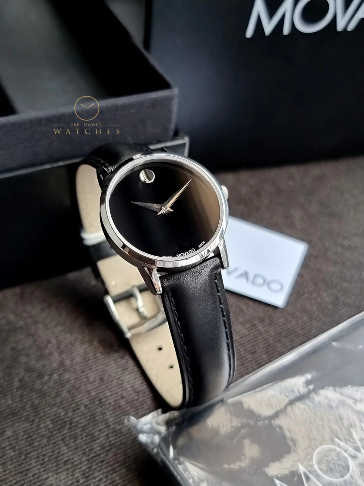 Movado Women’s Swiss Made Quartz Black Leather Strap Black Dial 28mm Watch 0607274 - Image 4