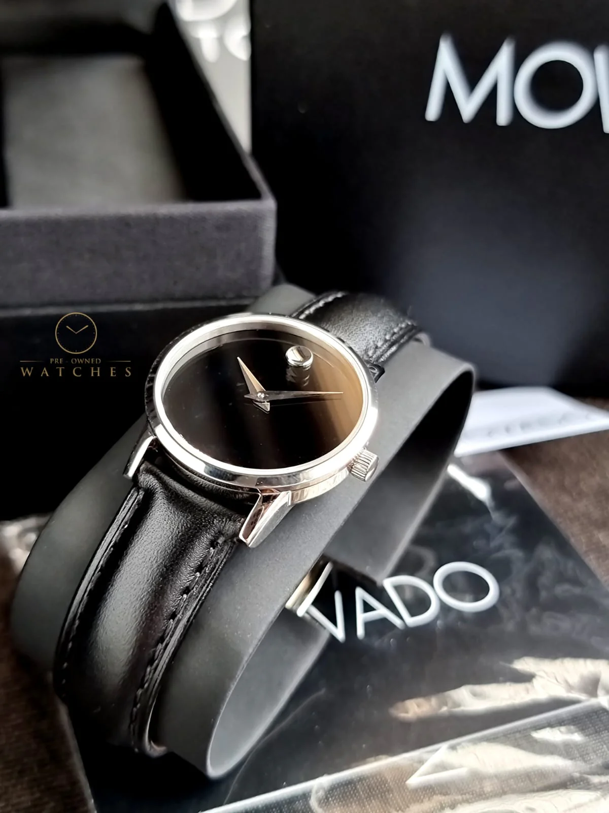 Movado Women’s Swiss Made Quartz Black Leather Strap Black Dial 28mm Watch 0607274 - Image 6