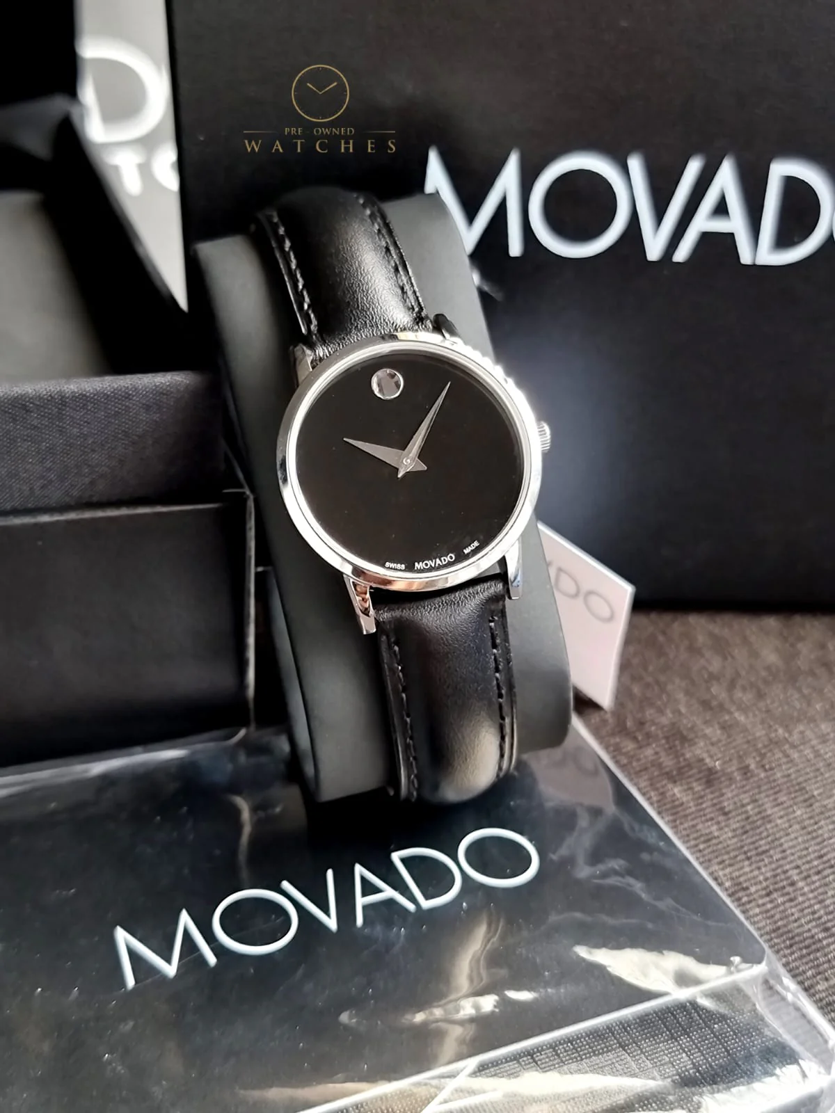 Movado Women’s Swiss Made Quartz Black Leather Strap Black Dial 28mm Watch 0607274 - Image 7